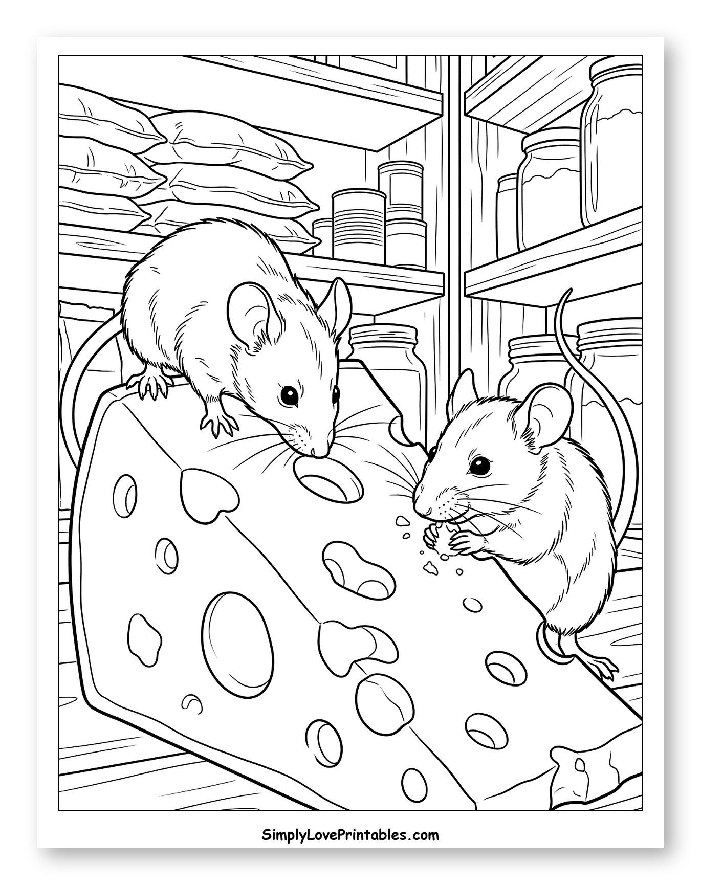 Mice Eating Cheese in a Pantry to Color