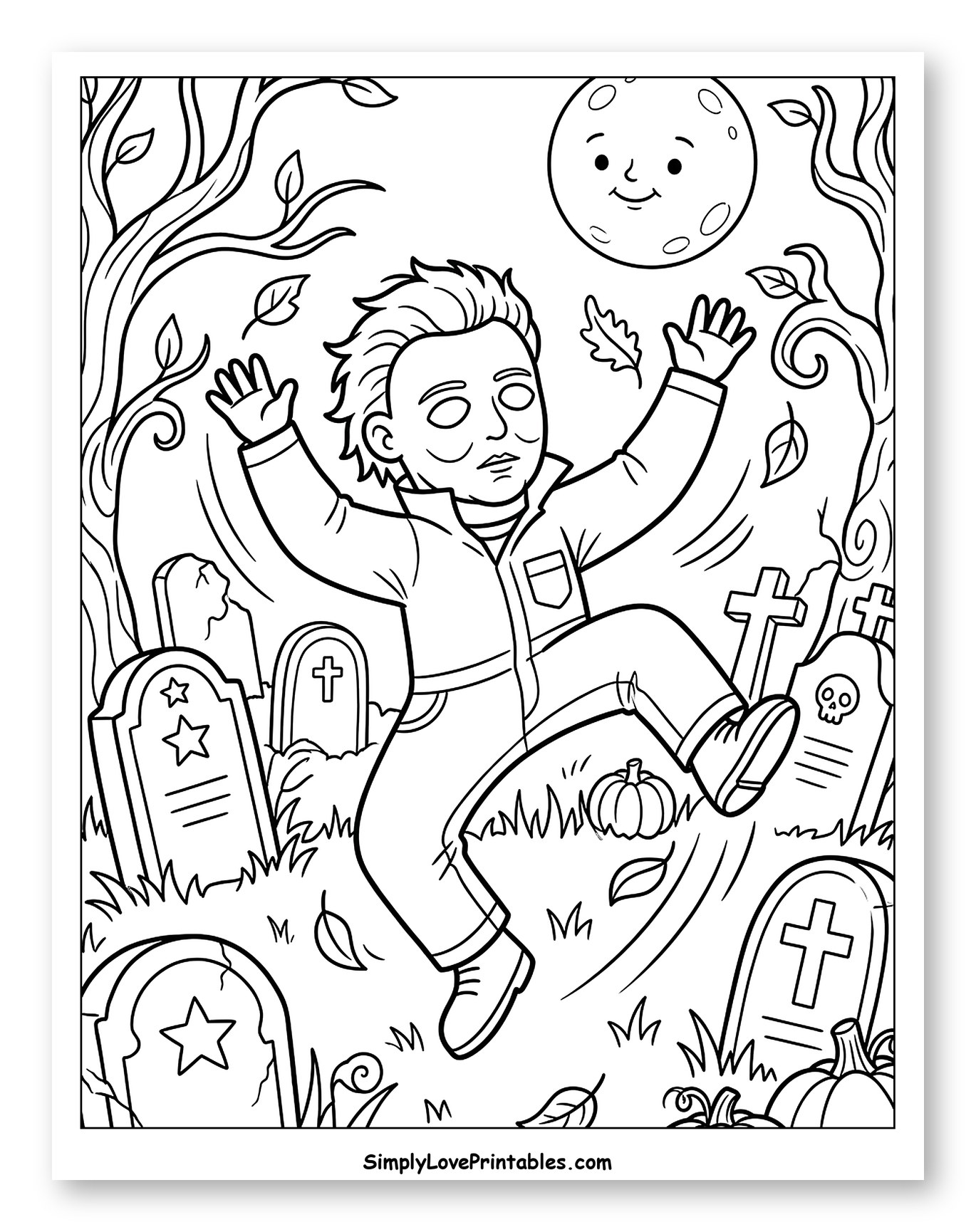 Michael Myers Bounding Through a Graveyard Coloring Sheet for Kids