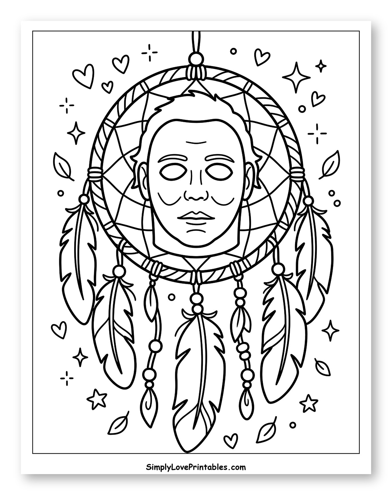 Michael Myers Face within a Hanging Dreamcatcher Coloring Sheet for Adults