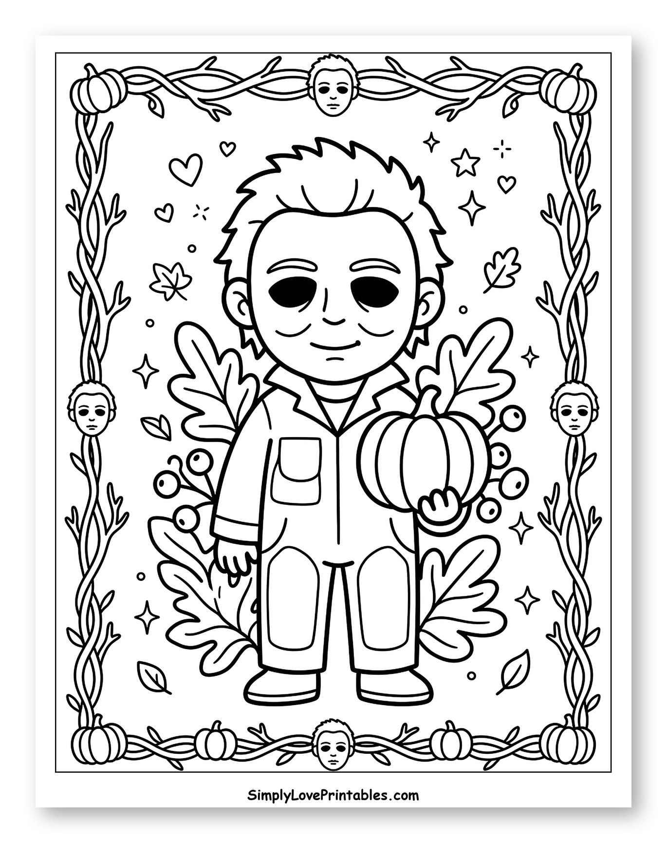 Michael Myers with Fall Leaves and Pumpkins to Color for Adults