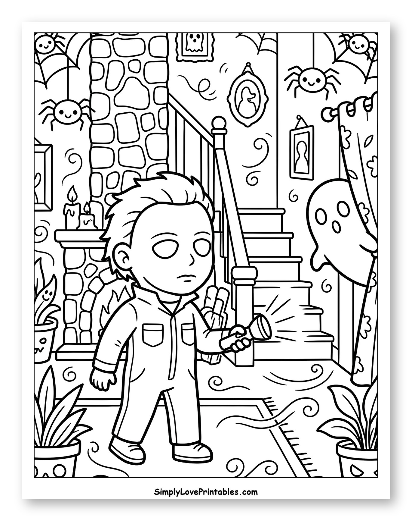 Michael Myers with Flashlight in Haunted Hallway Coloring Page for Kids
