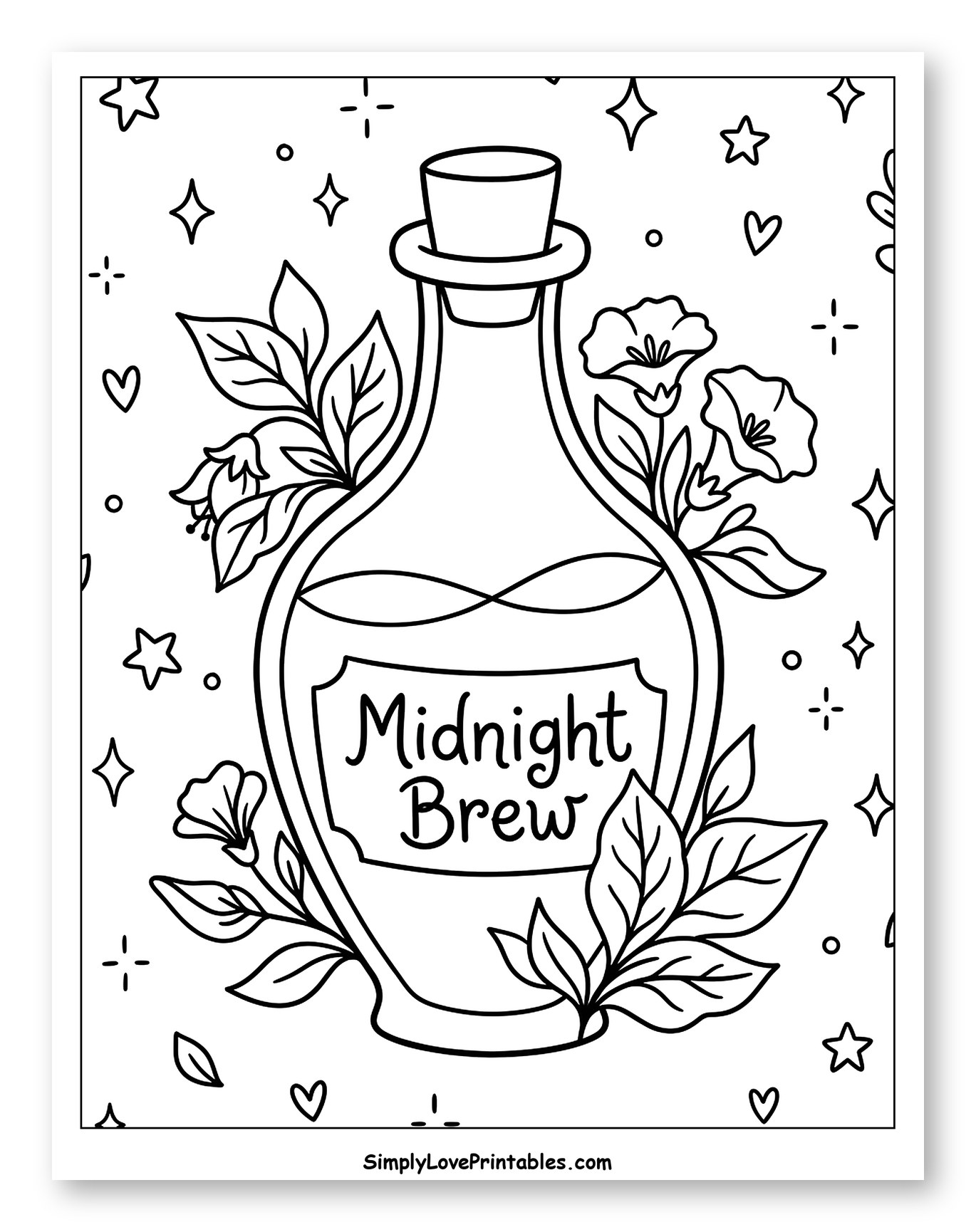 Midnight Brew Potion Bottle with Flowers Coloring Sheet for Adults