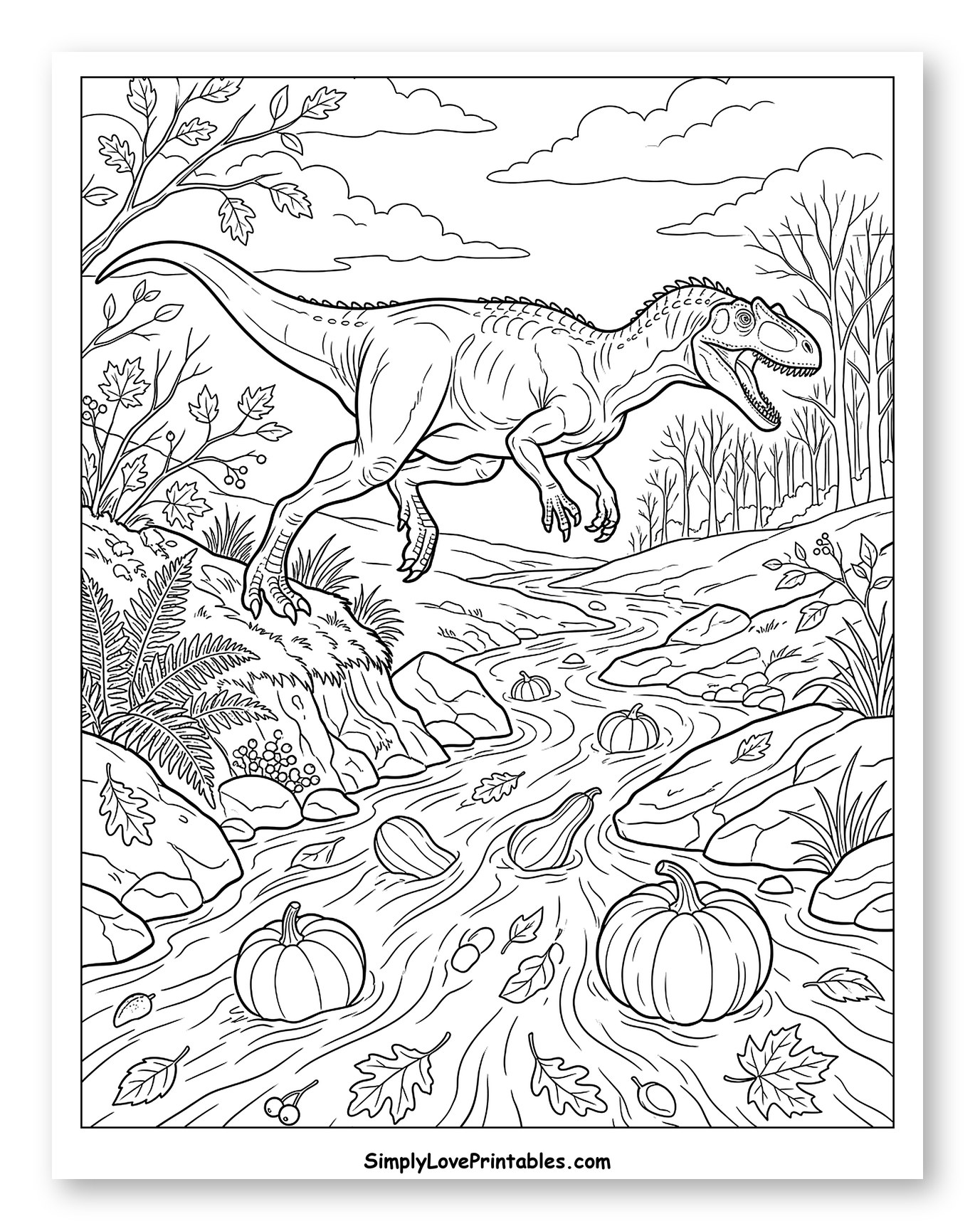 Mighty Dinosaur Leaping Over a Pumpkin River Coloring Page