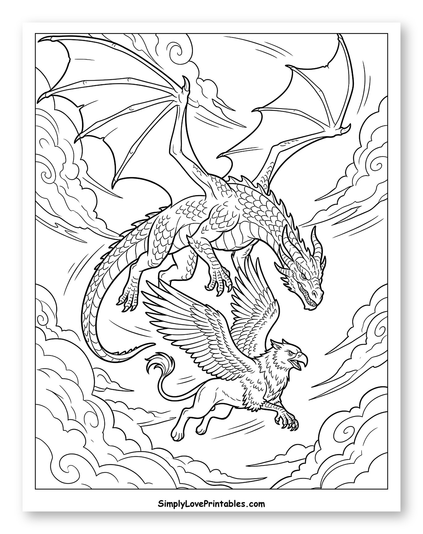 Mighty Dragon and Griffin Soaring Together Coloring Sheet
