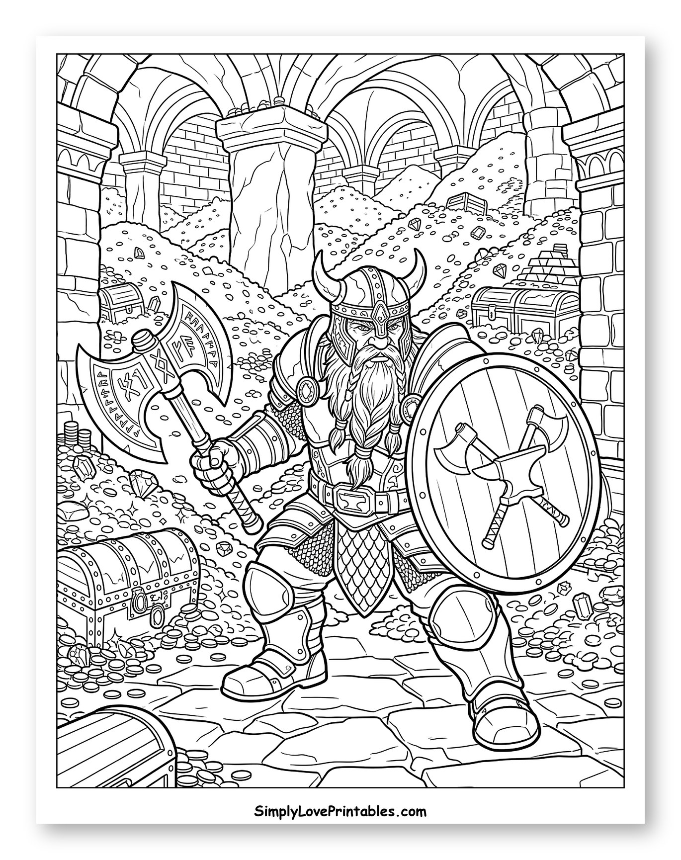 Mighty Dwarf Warrior Guards Treasure Hoard Coloring Page