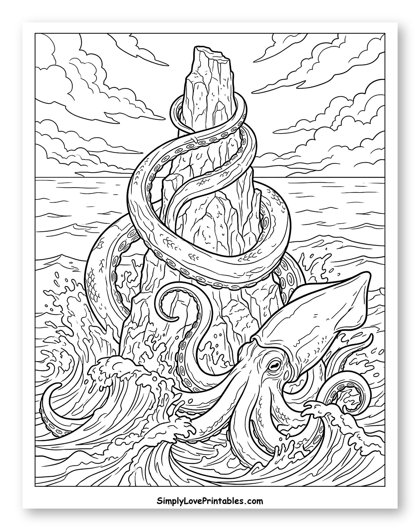 Mighty Kraken Coiled Around Rocky Outcrop Coloring Sheet