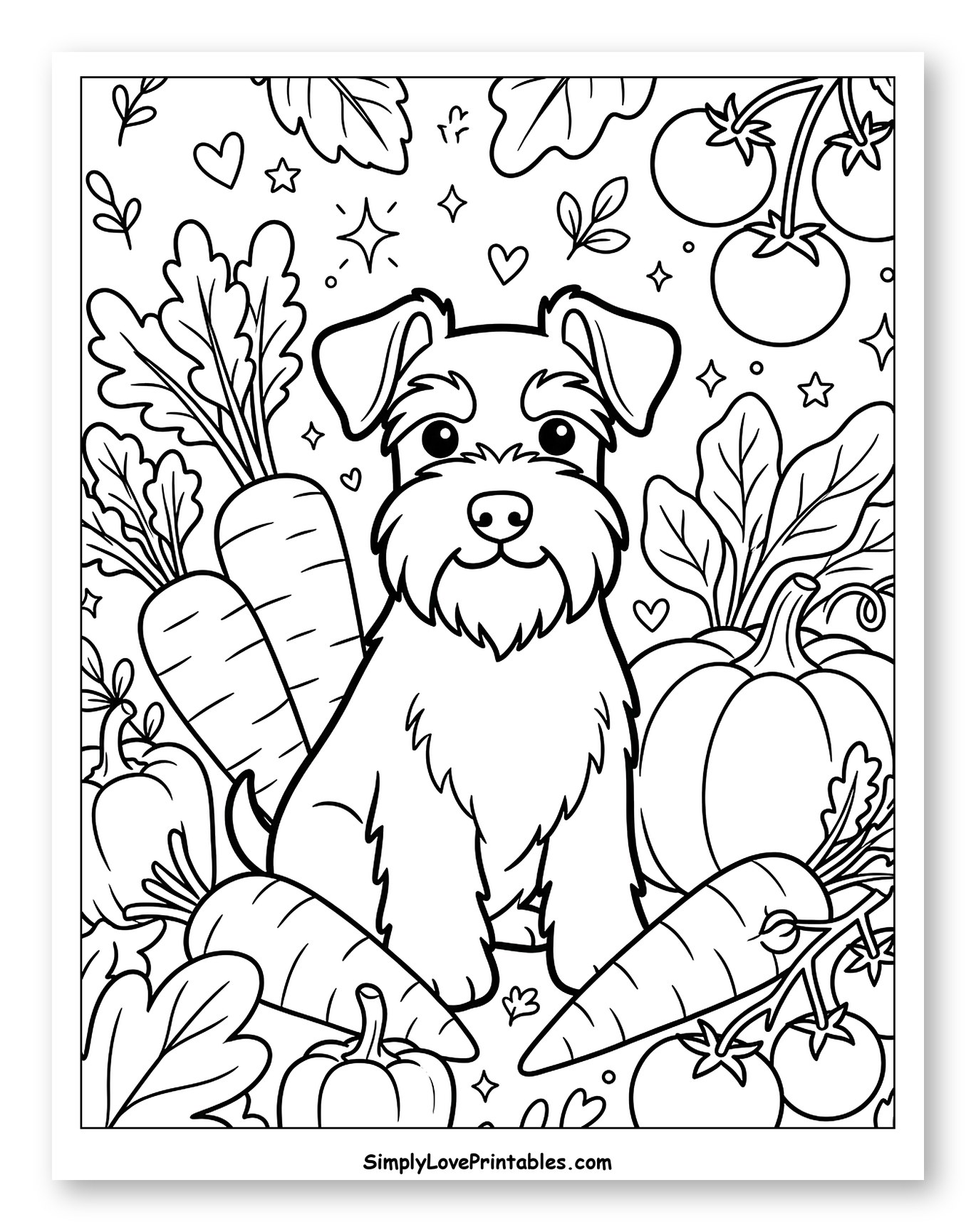 Miniature Schnauzer Surrounded by Garden Vegetables