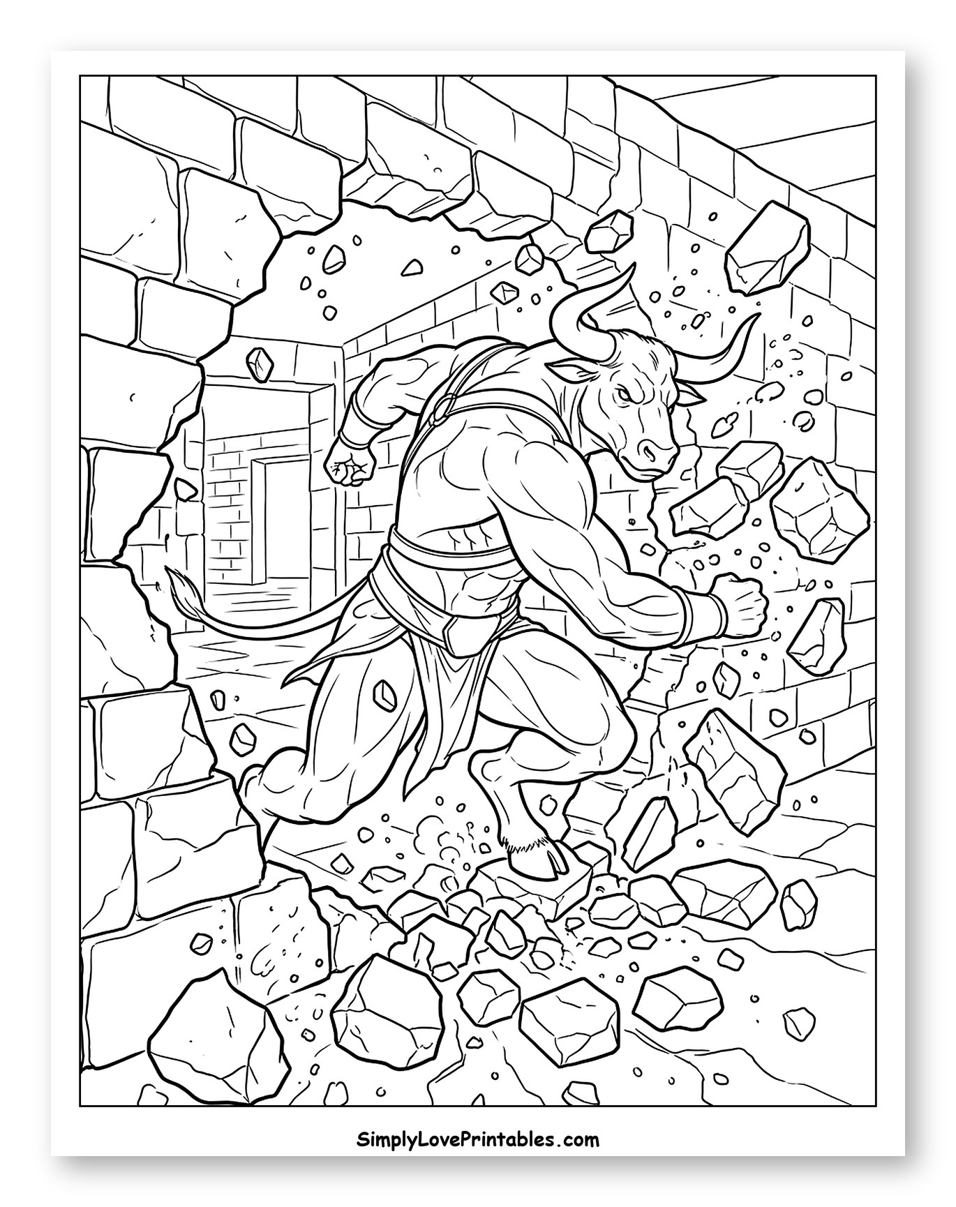 Minotaur Breaking Through Stone Wall Coloring Sheet