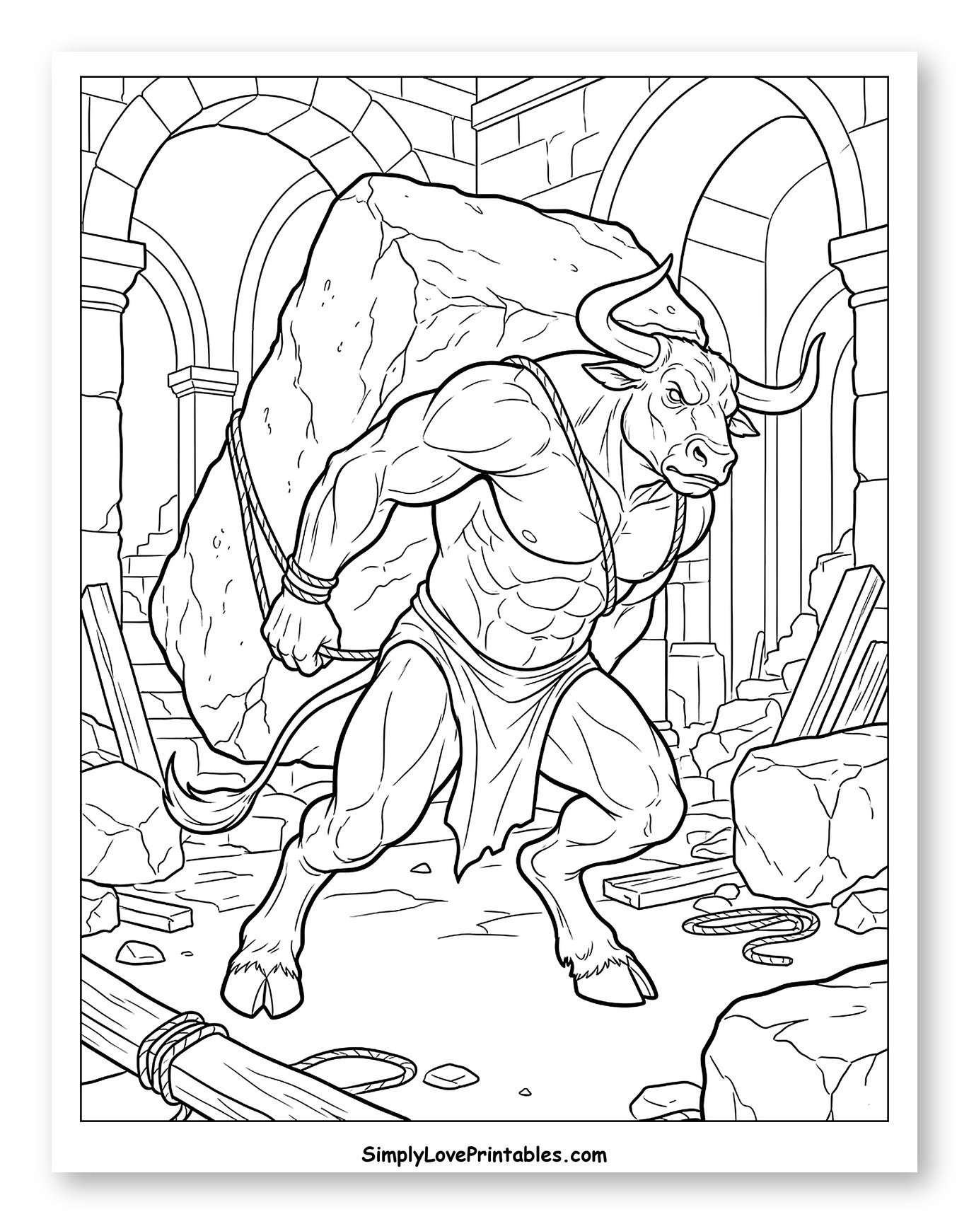 Minotaur Carrying Heavy Rock Through Ruins Coloring Sheet