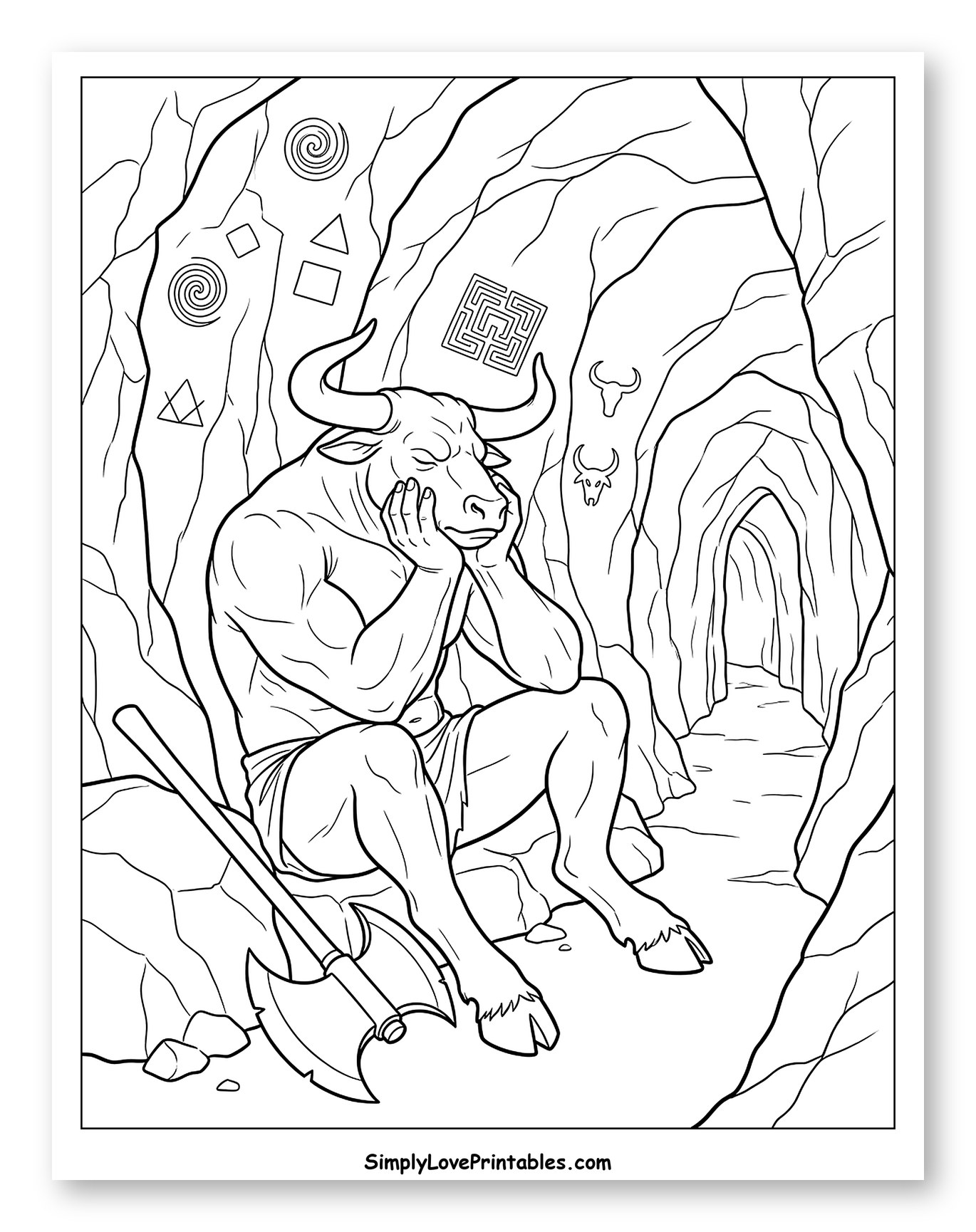 Minotaur Contemplating in a Rocky Labyrinth Coloring Page