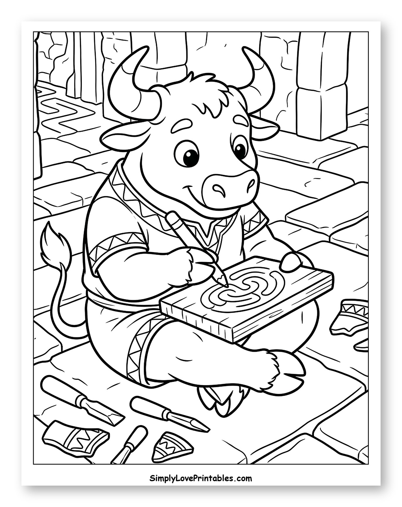 Minotaur Craftsman Carving a Maze to Color for Kids