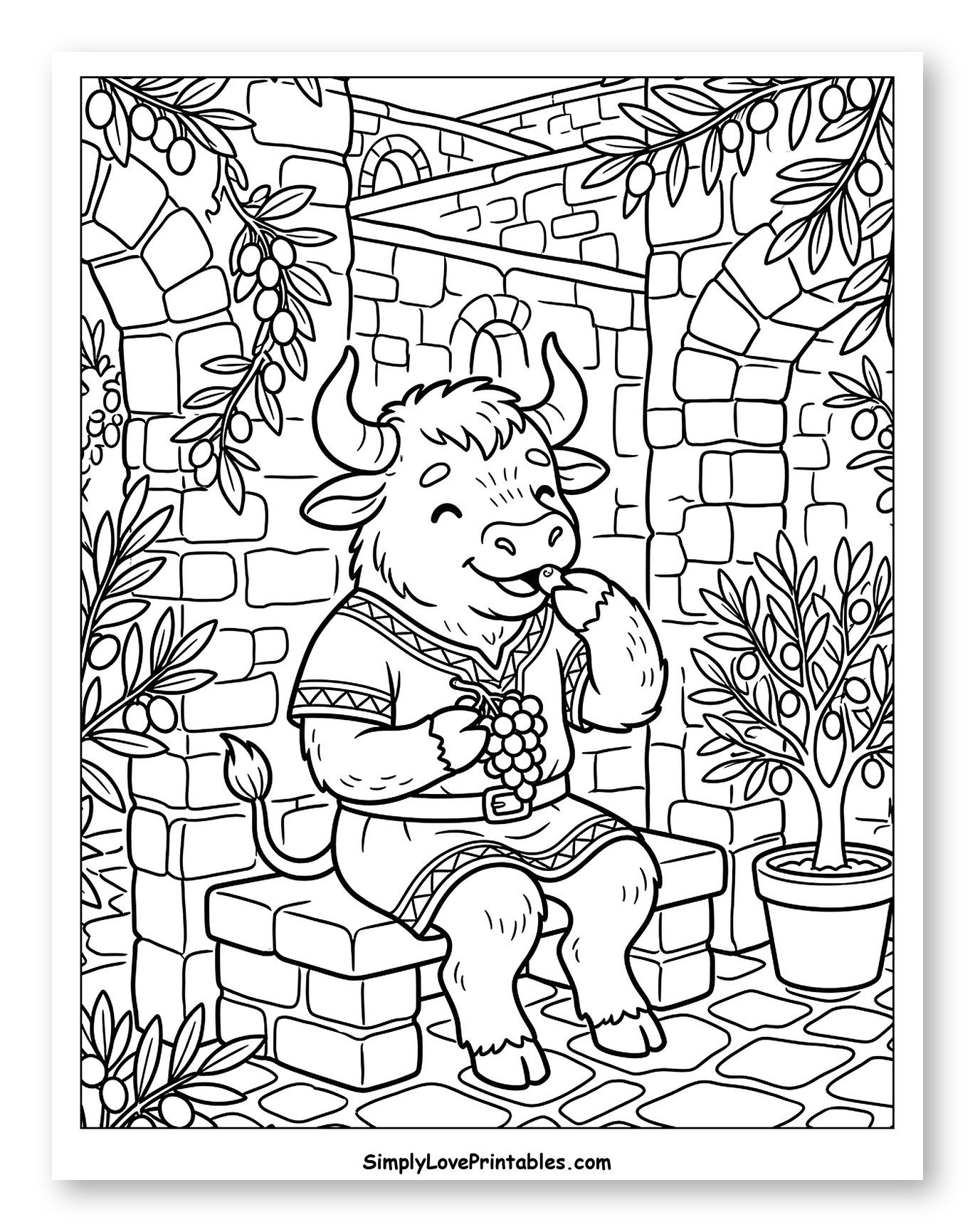 Minotaur Enjoying Grapes in Stone Courtyard Coloring Page for Kids