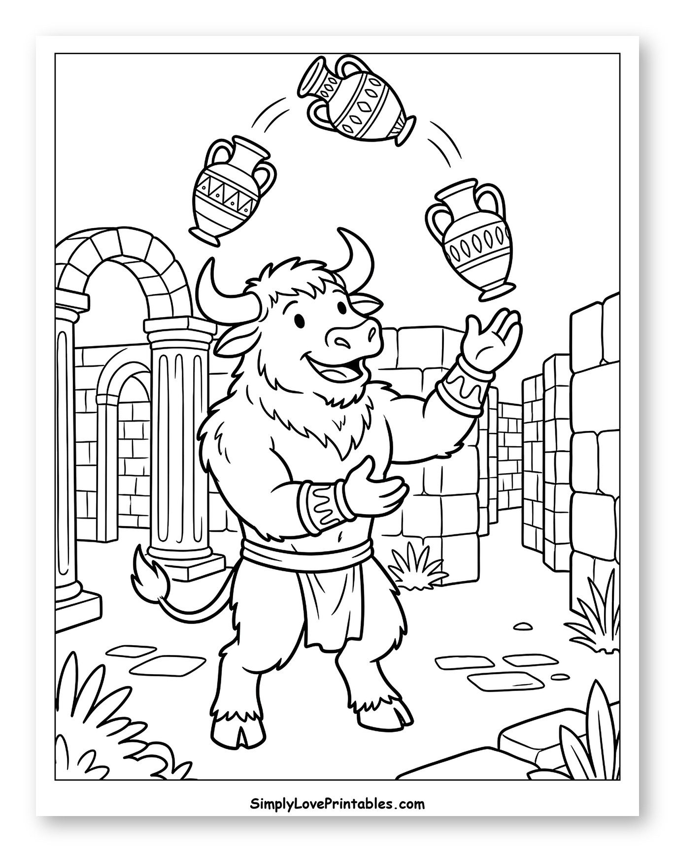 Minotaur Juggling Amphoras in Ancient Ruins