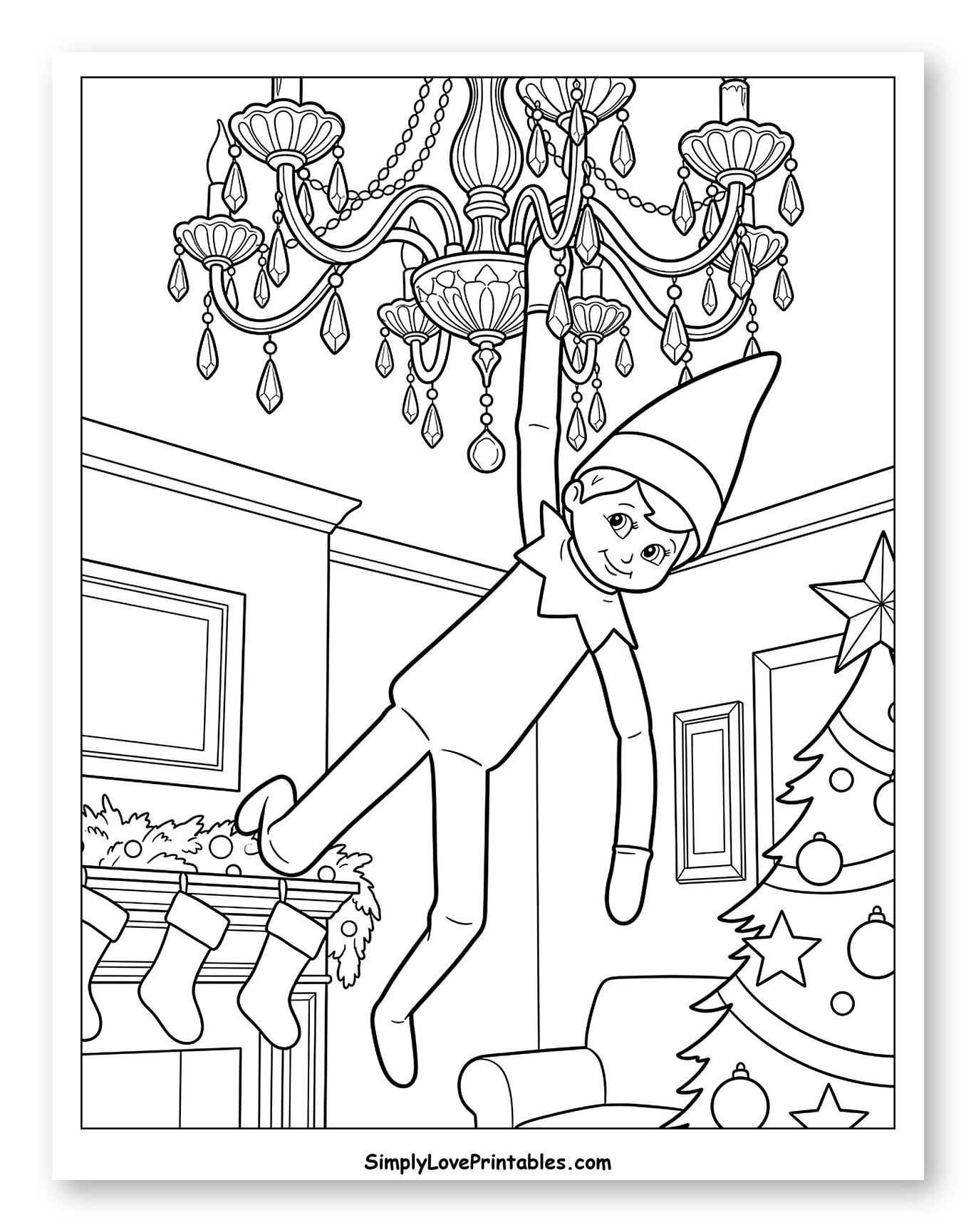 Mischievous Christmas Elf Hanging from a Chandelier