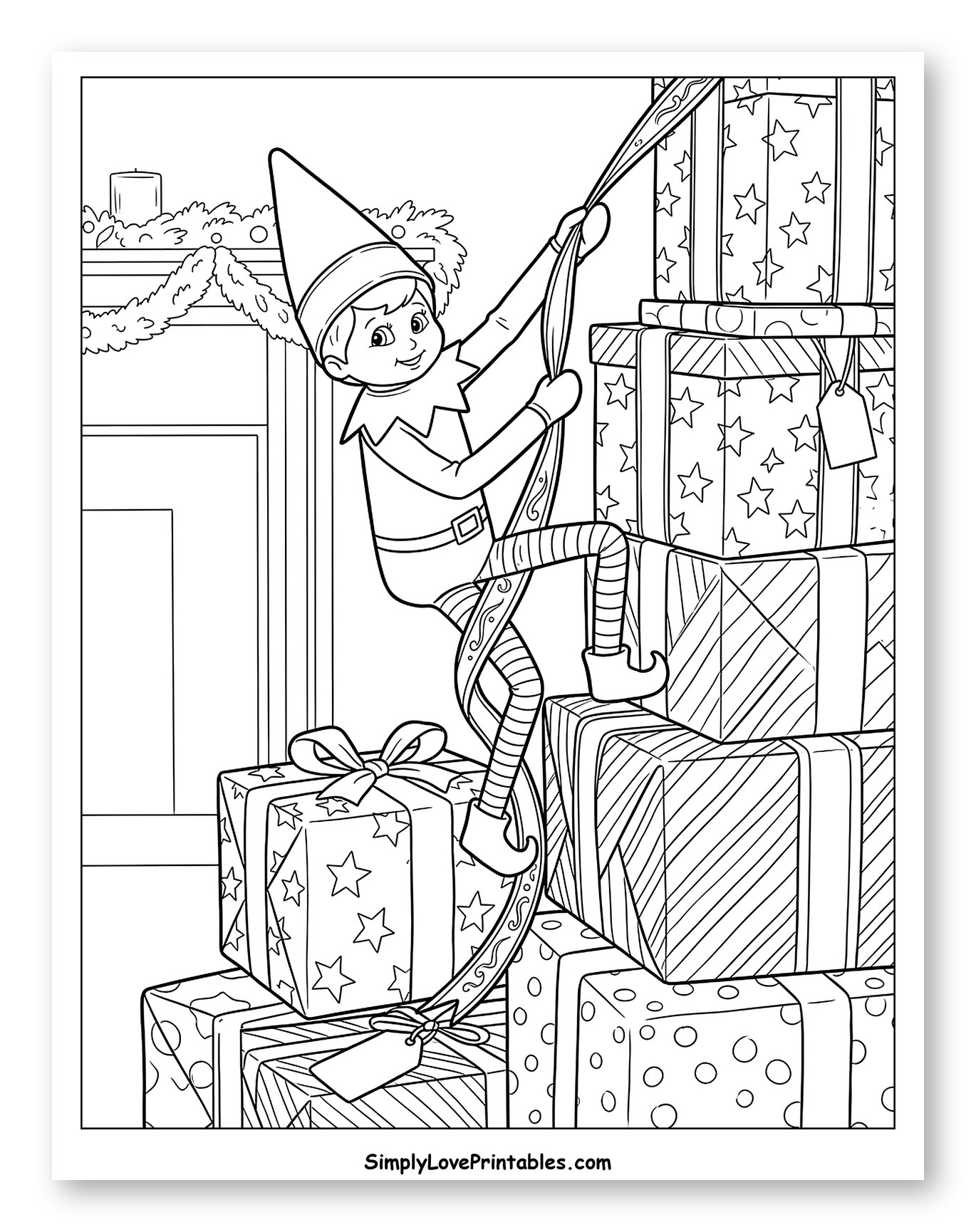 Mischievous Elf Climbing a Stack of Christmas Gifts