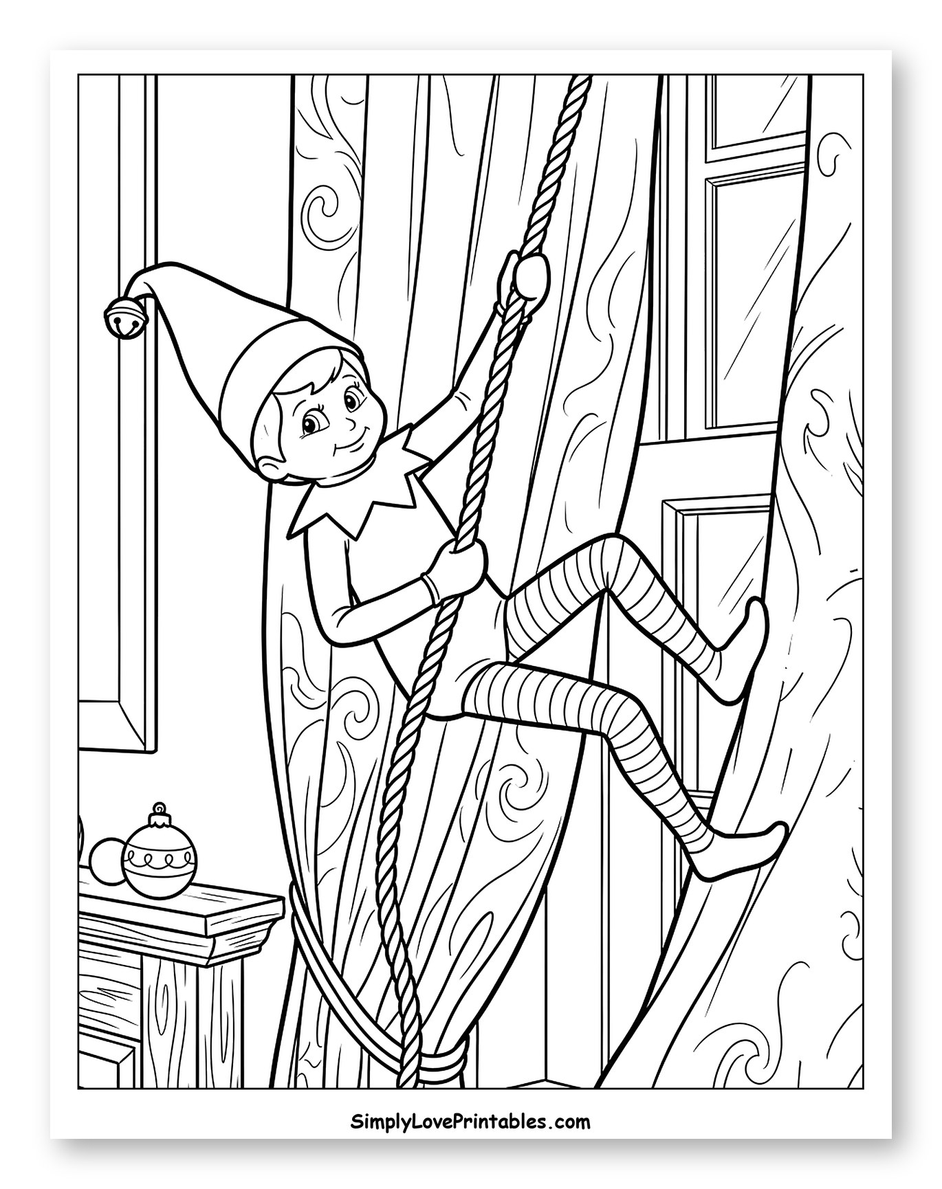 Mischievous Holiday Elf Swinging on a Curtain Cord Coloring Page