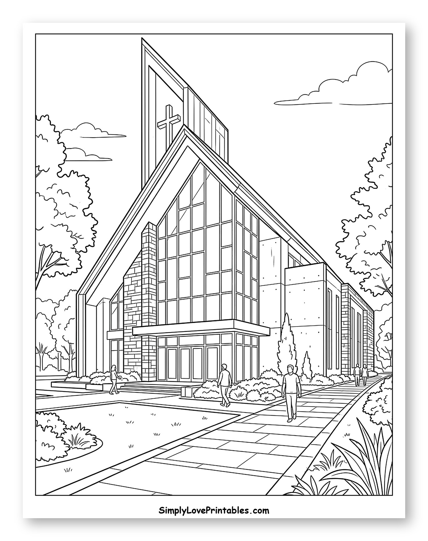 Modern Church Building with People and Trees to Color