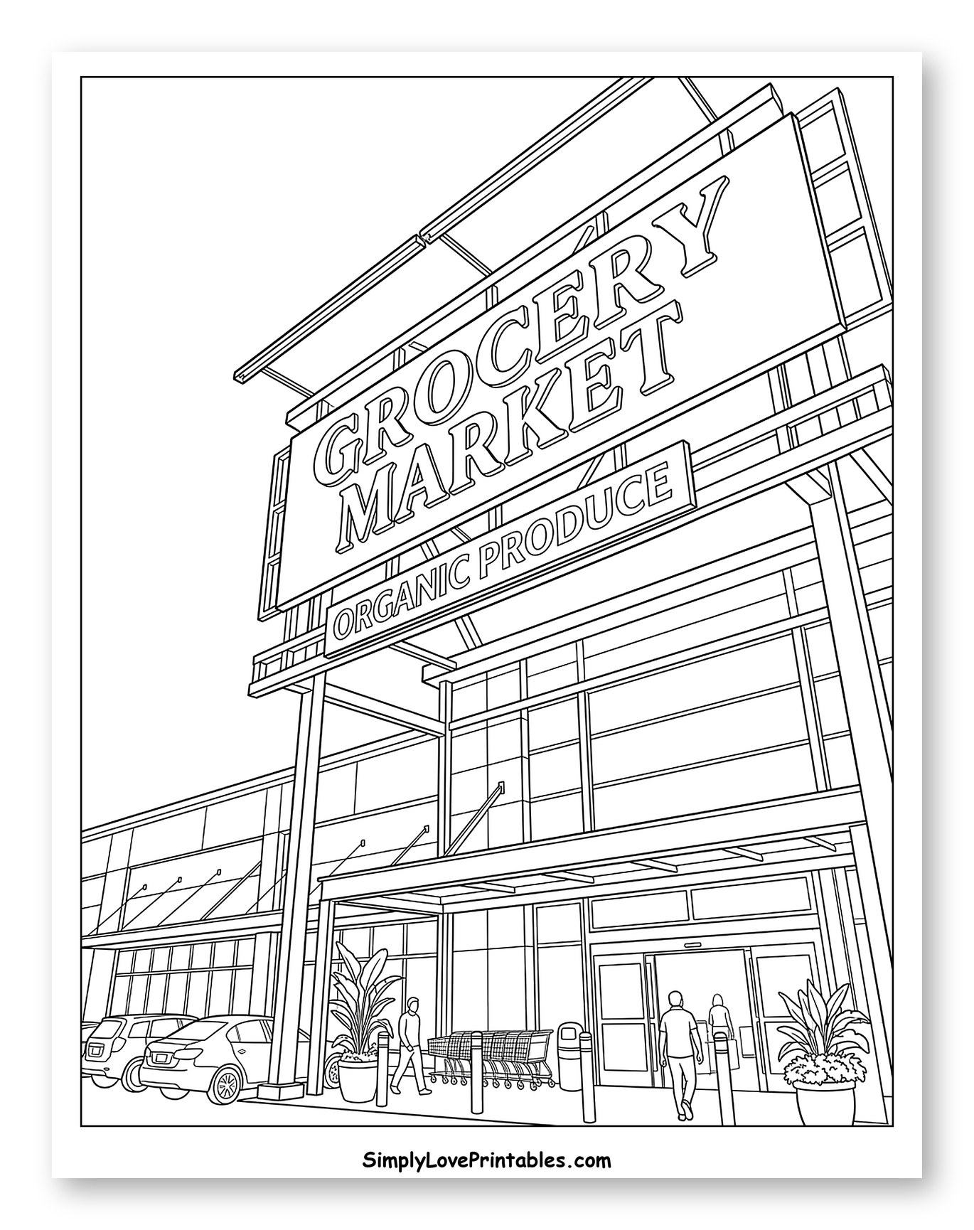 Modern Grocery Market Exterior with Shoppers