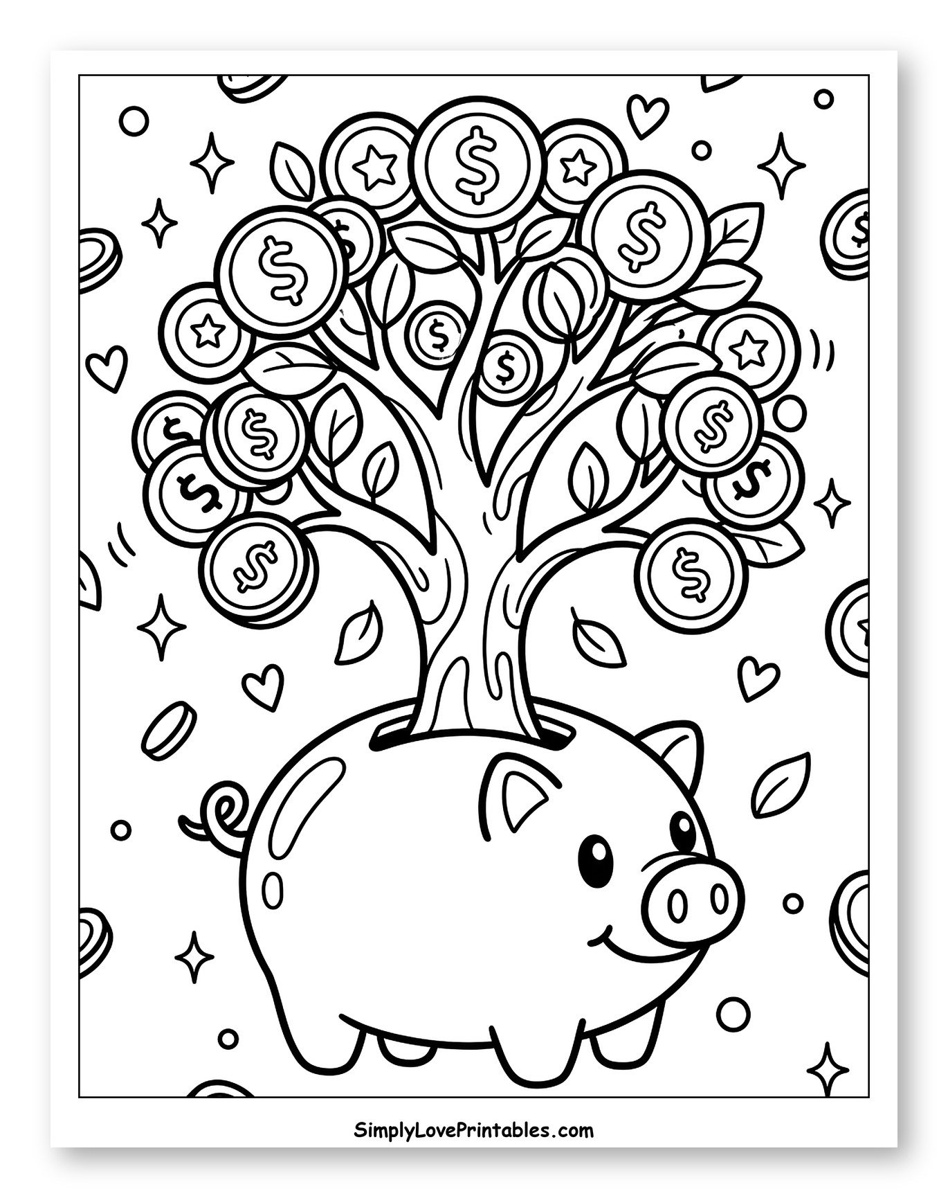 Money Tree Blooming from a Happy Piggy Bank to Color for Adults