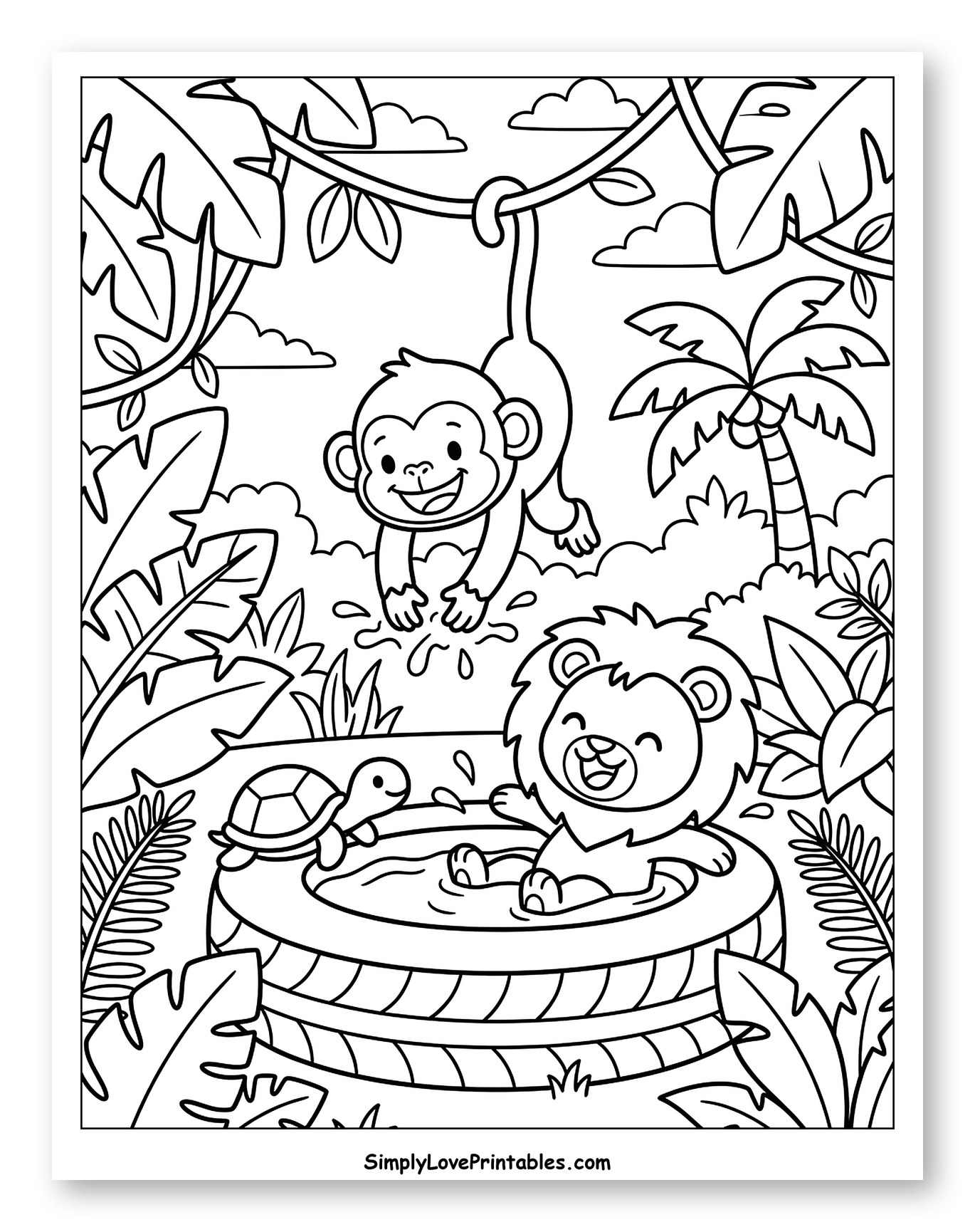 Monkey, Lion, and Turtle Playing in Pool to Color for Kids