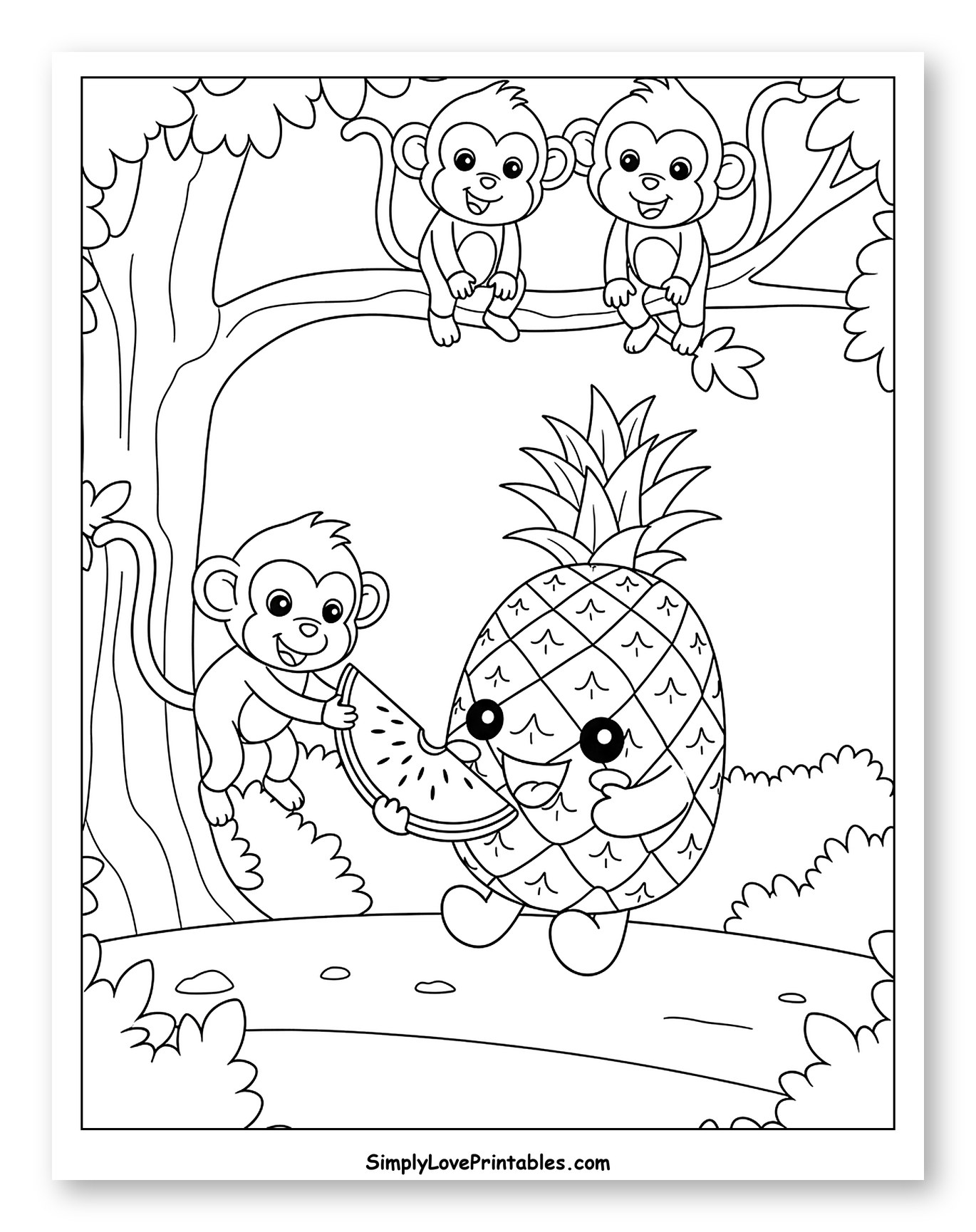 Monkeys and Pineapple Sharing Watermelon