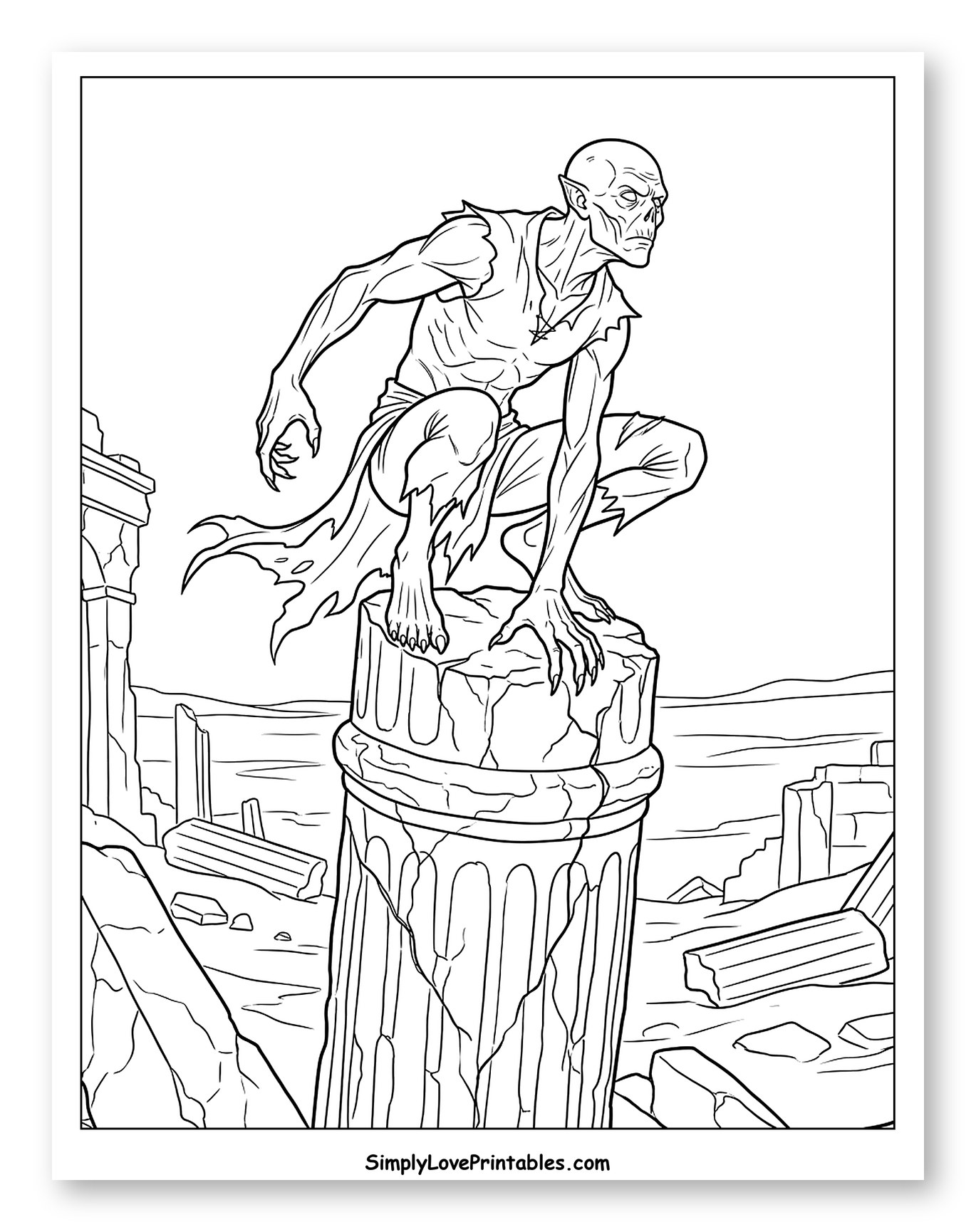 Monstrous Ghoul Perched in Ruins Coloring Sheet