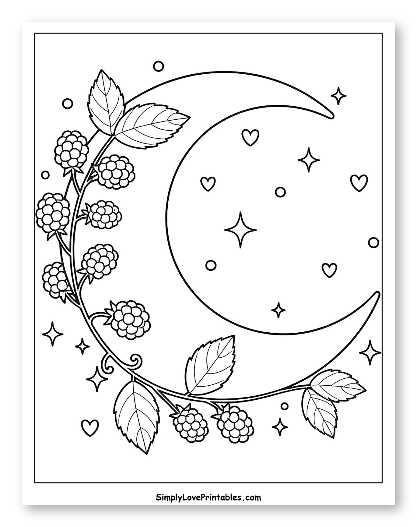 Moon with Blackberries, Stars, and Hearts Coloring Sheet for Adults