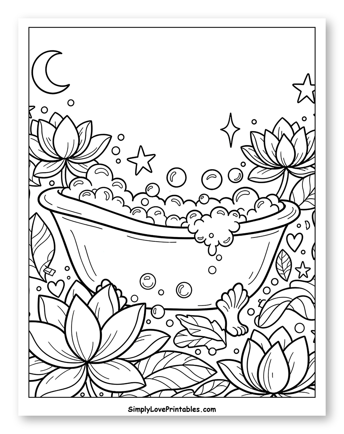 Moonlit Bathtub with Lotus Flowers and Bubbles to Color for Adults