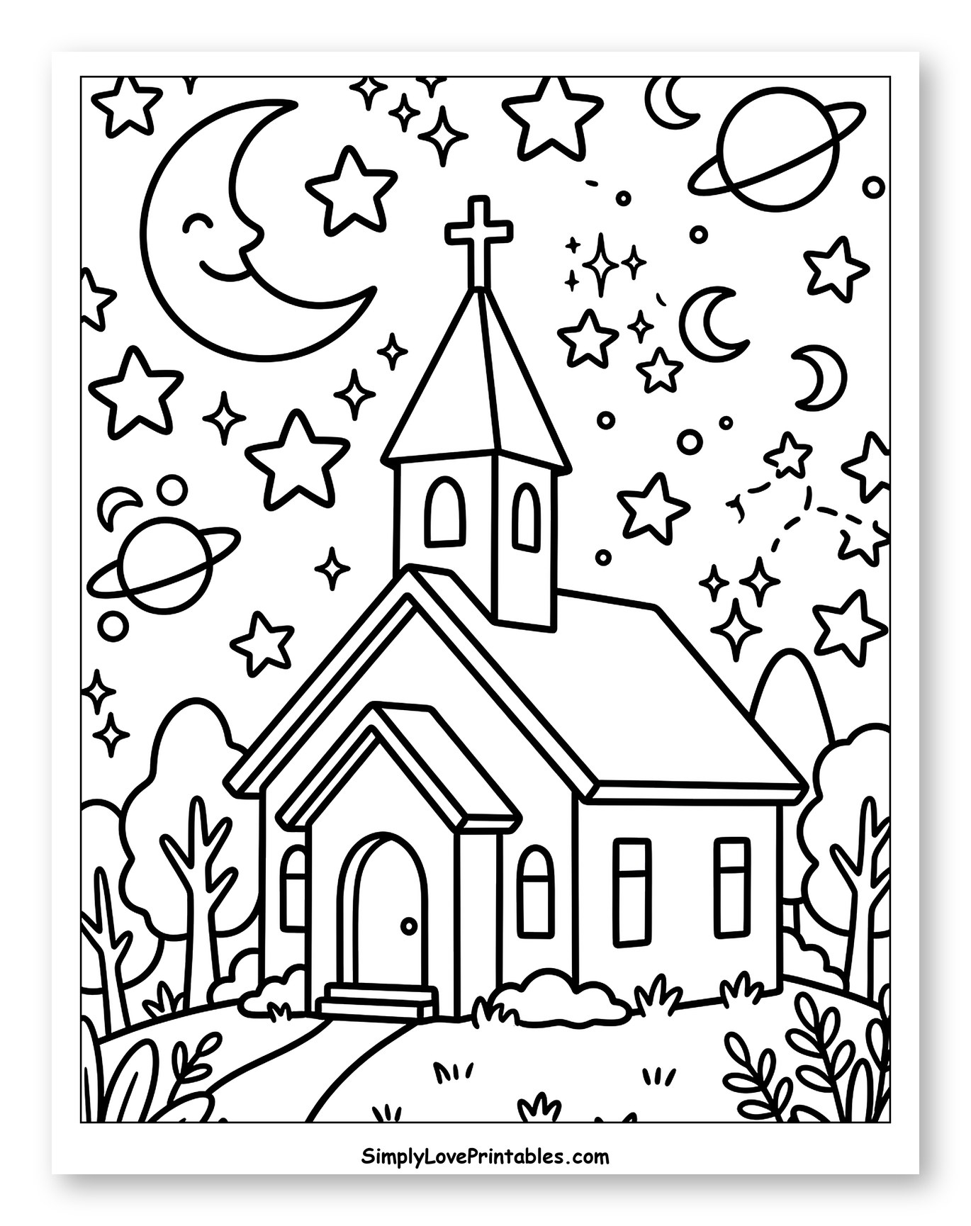 Moonlit Church with Planets and Stars