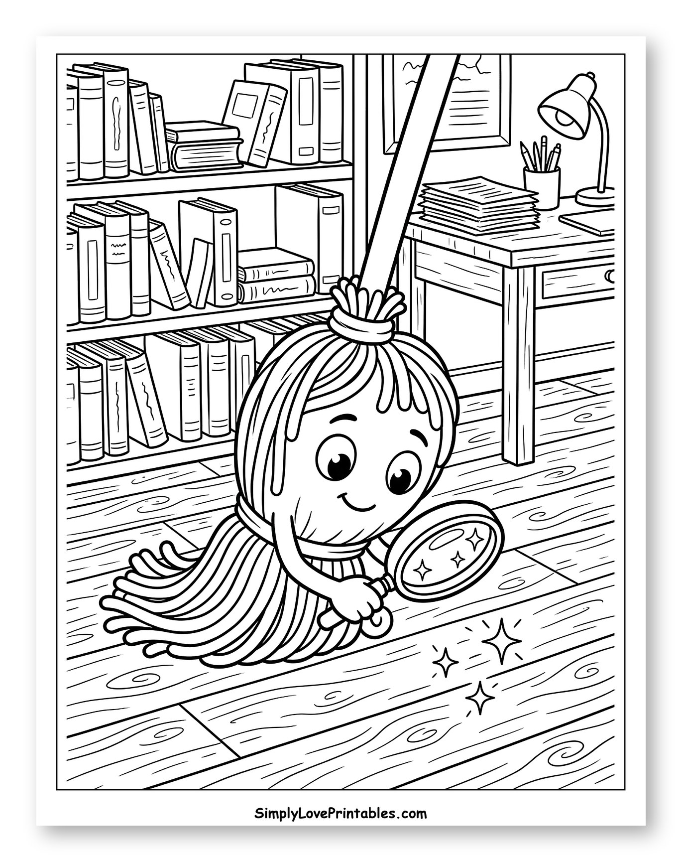 Mop Detective Investigating Sparkling Floor Dust Coloring Sheet for Kids