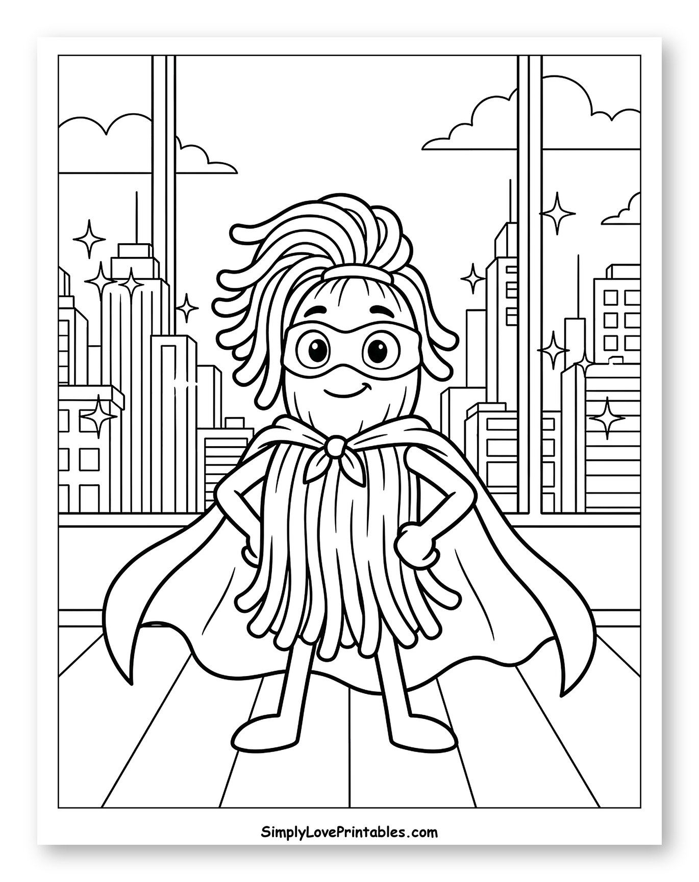 Mop Superhero Posing Against a City Skyline Coloring Sheet for Kids