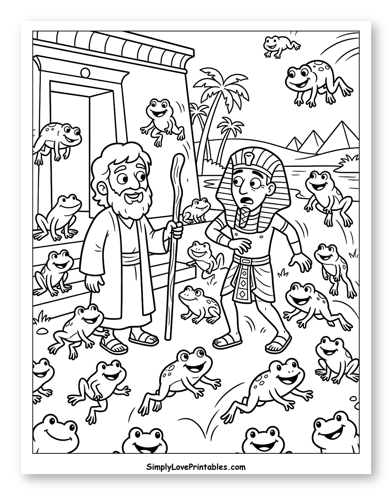 Moses and Pharaoh Amidst Swarms of Frogs to Color for Kids