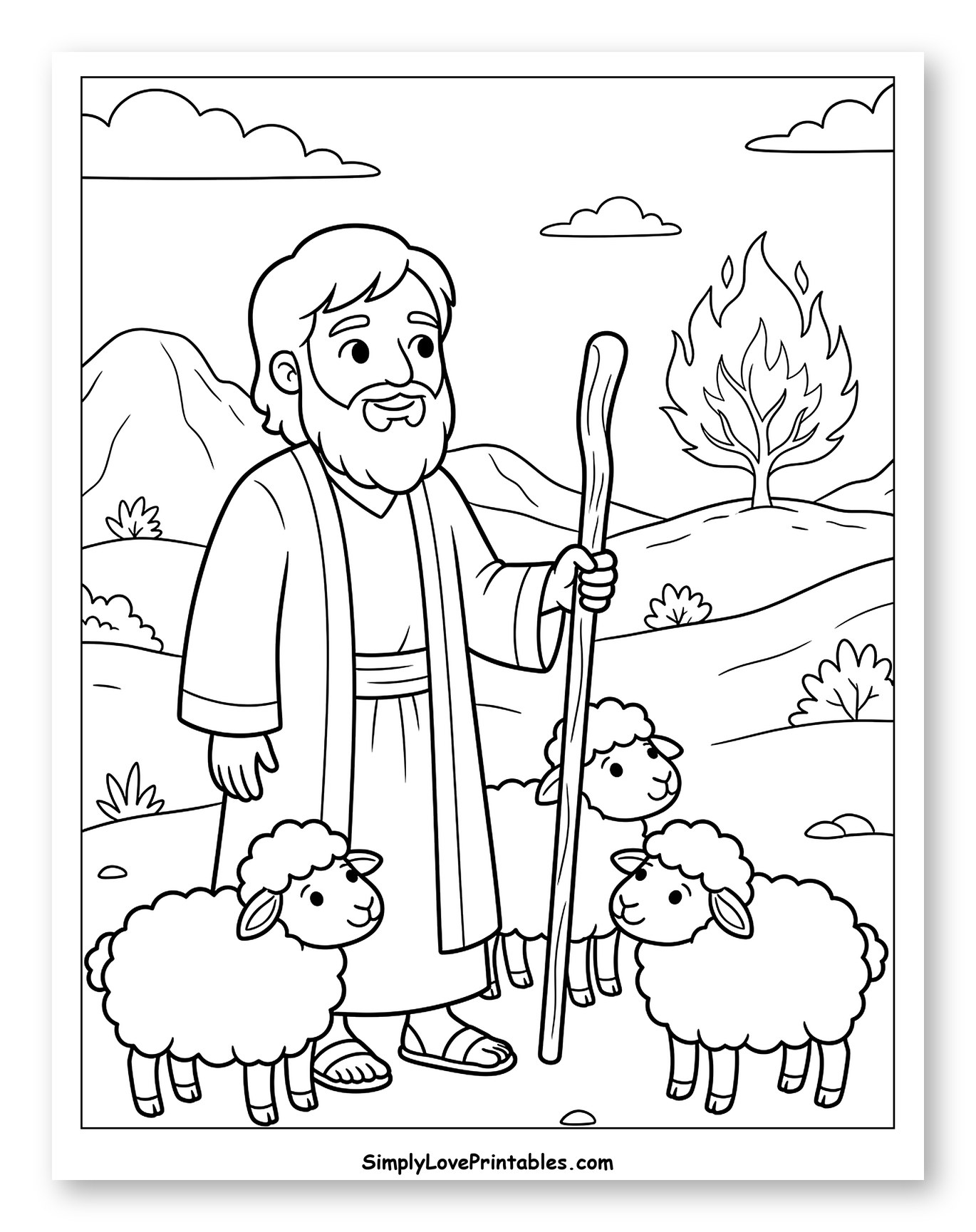 Moses and the Burning Bush with Sheep Coloring Page for Kids
