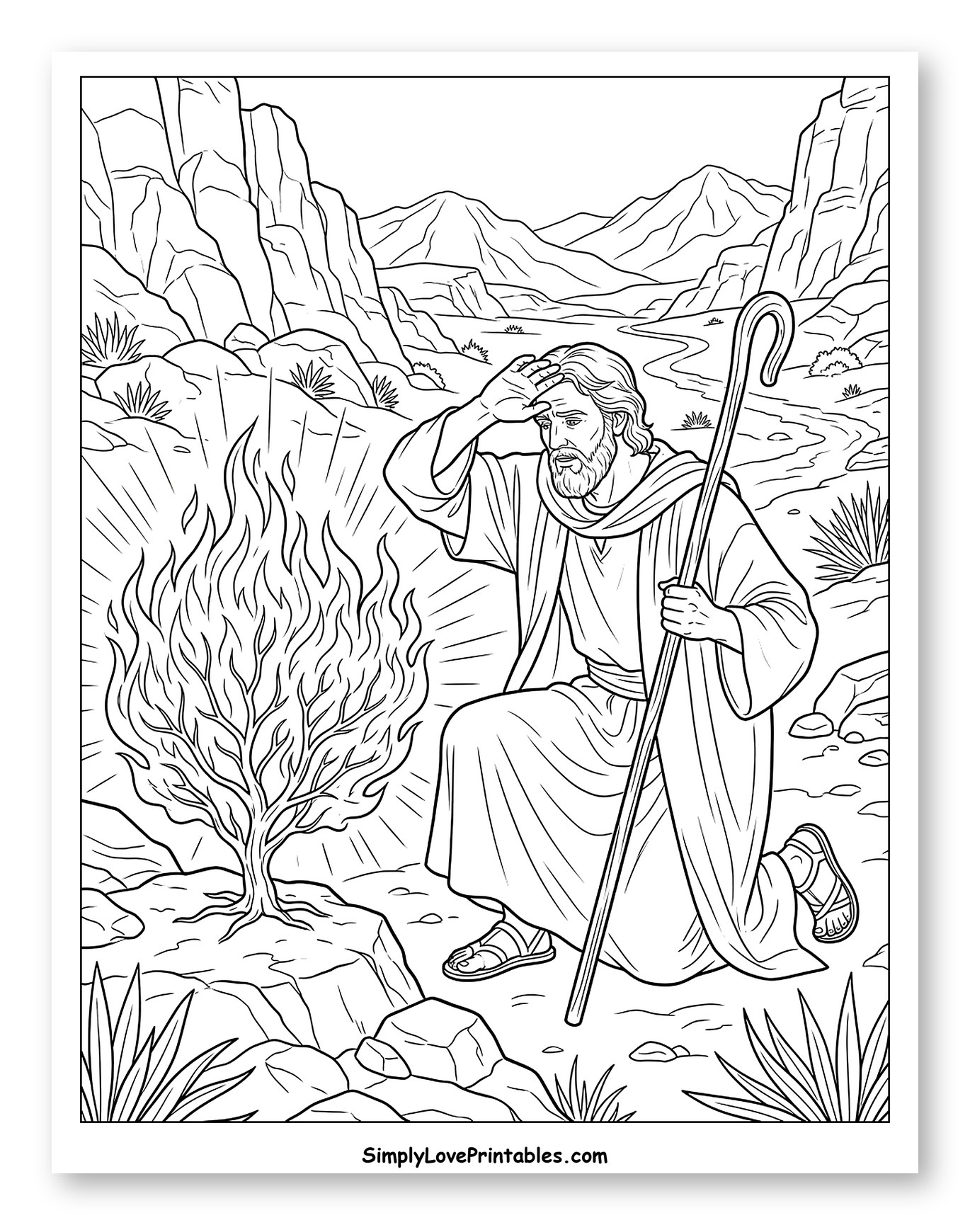 Moses Kneeling Before the Burning Bush Coloring Sheet