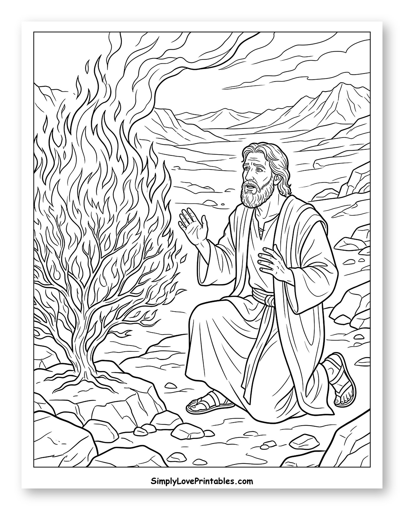 Moses Kneeling Before the Burning Bush to Color