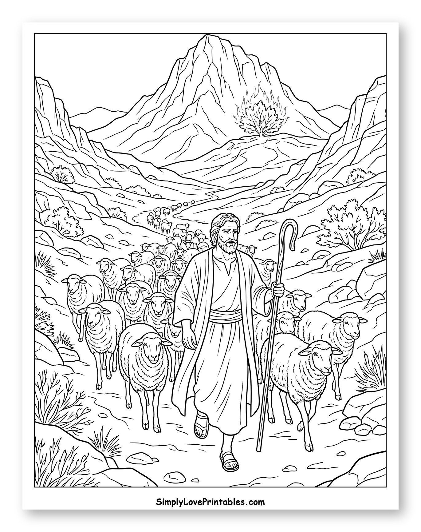 Moses Leading Sheep to the Burning Bush Coloring Sheet
