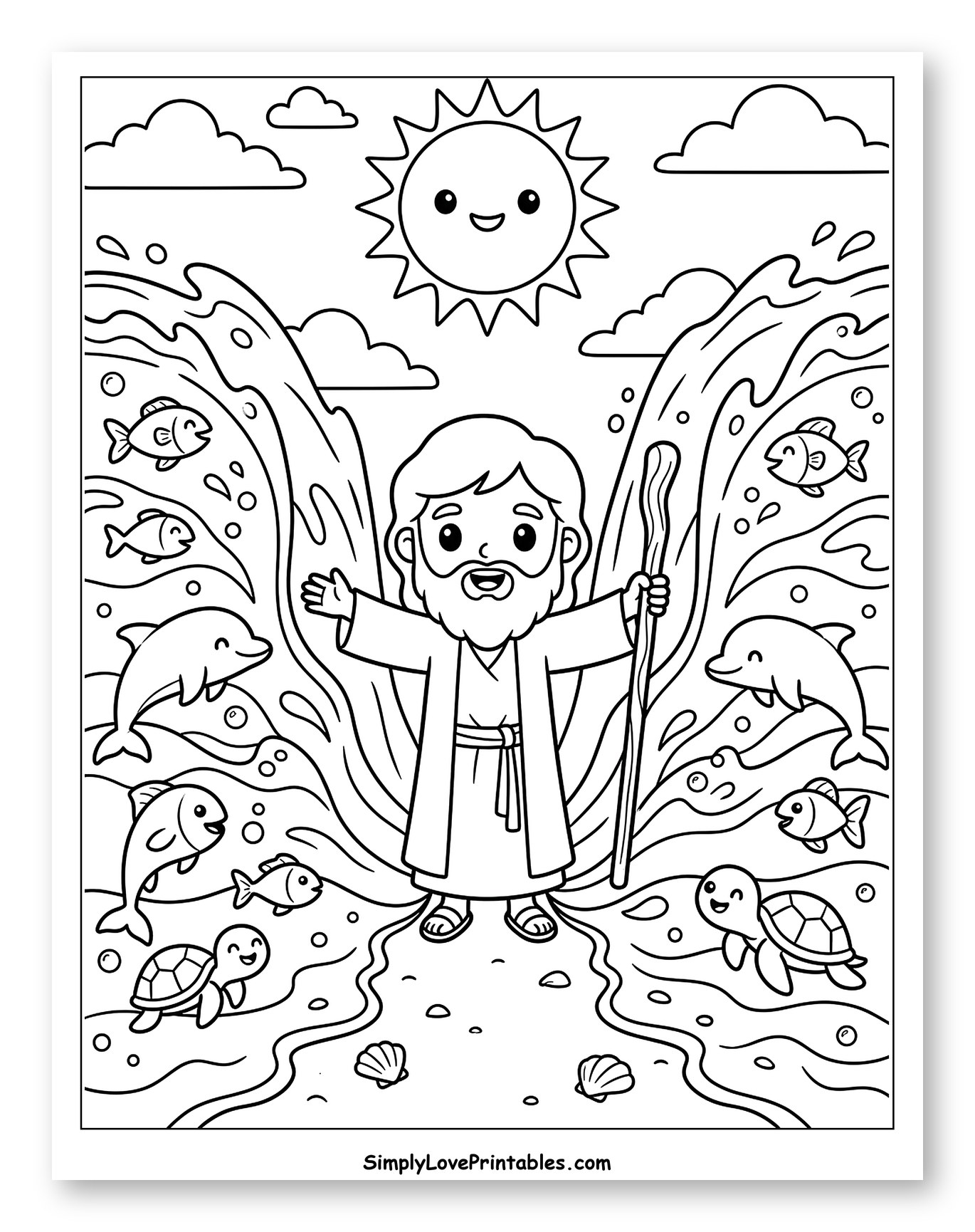 Moses Parting Red Sea with Animals Coloring Sheet for Kids