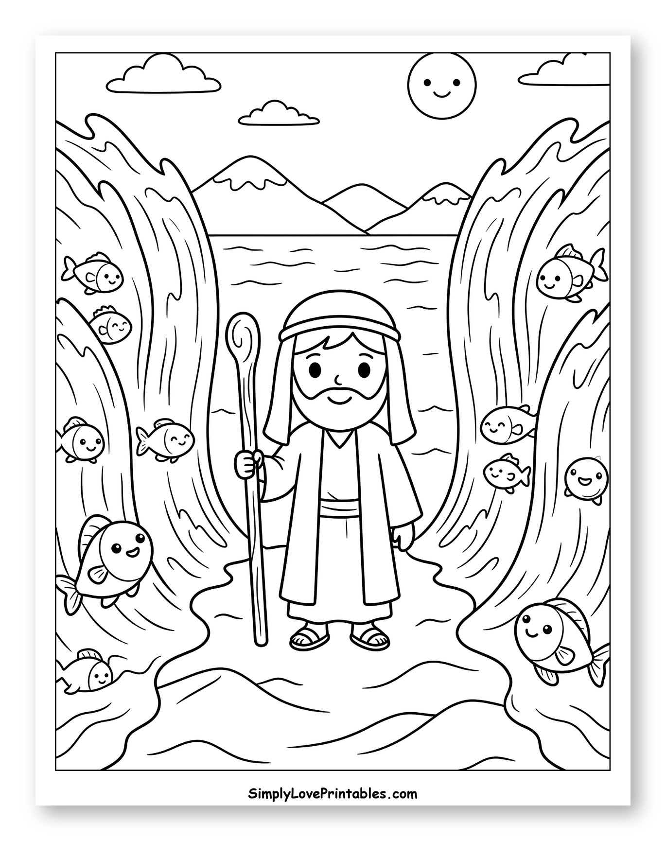 Moses Parting the Cartoon Sea to Color for Kids