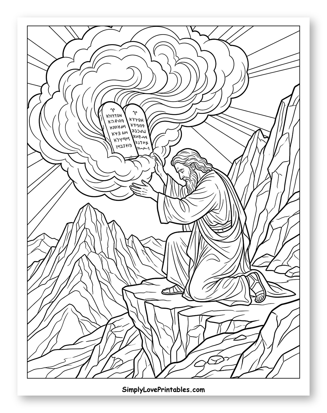Moses Receiving the Ten Commandments on Mount Sinai Coloring Sheet