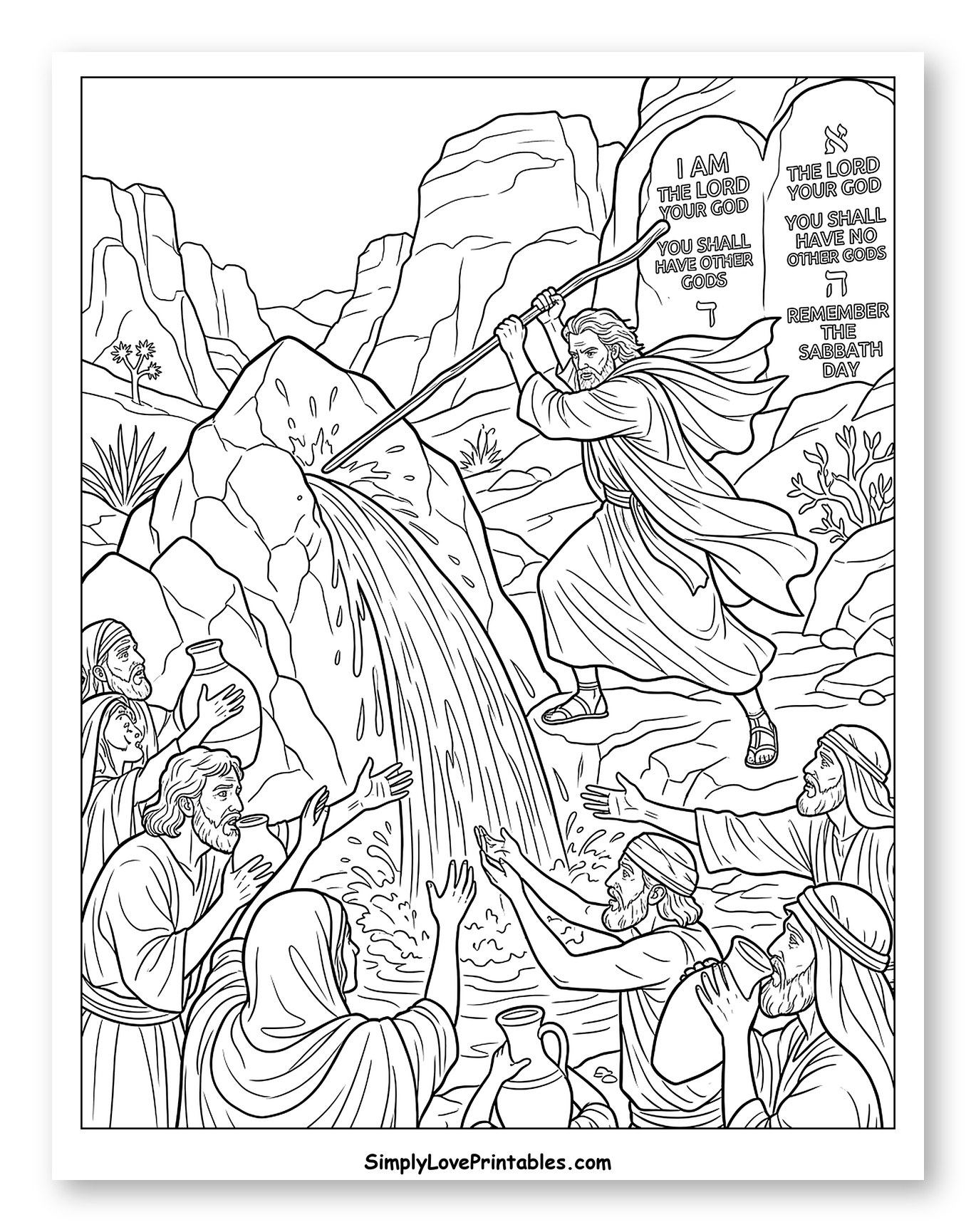 Moses Strikes Rock Ten Commandments Coloring Sheet