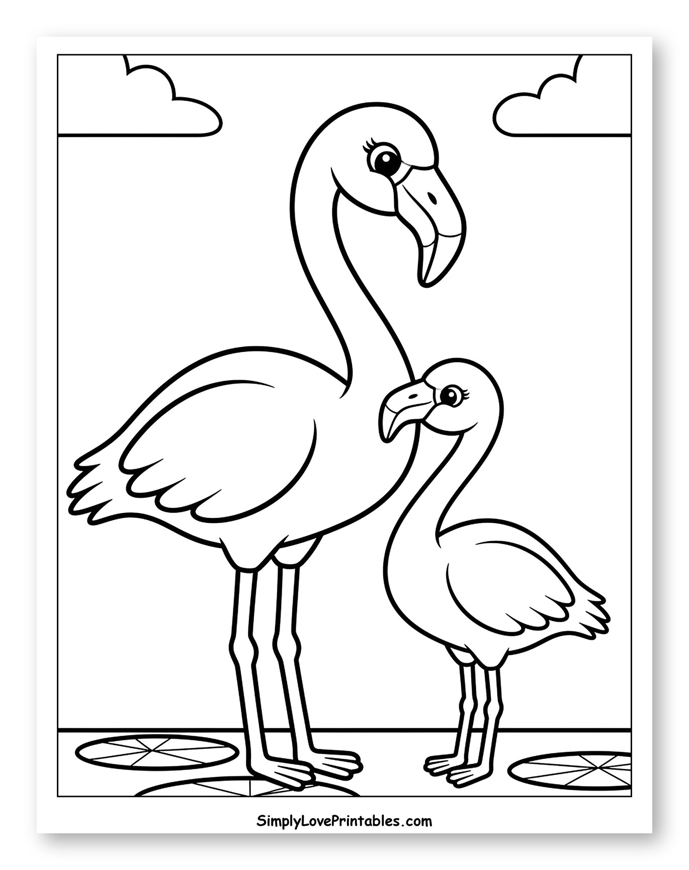 Mother and Baby Flamingos by Water Coloring Page for Toddlers