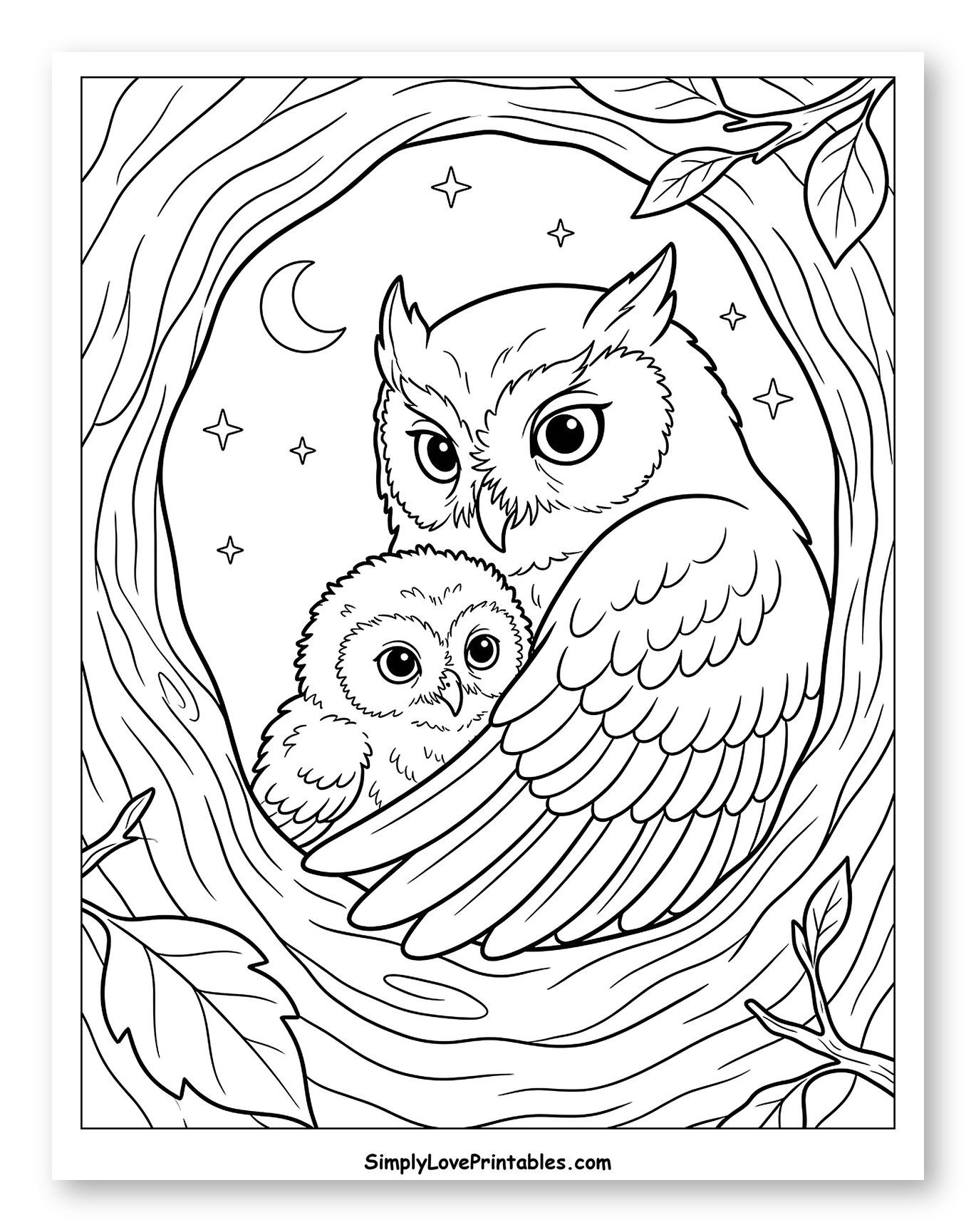 Mother and Baby Owls in a Tree Trunk Coloring Page for Kids