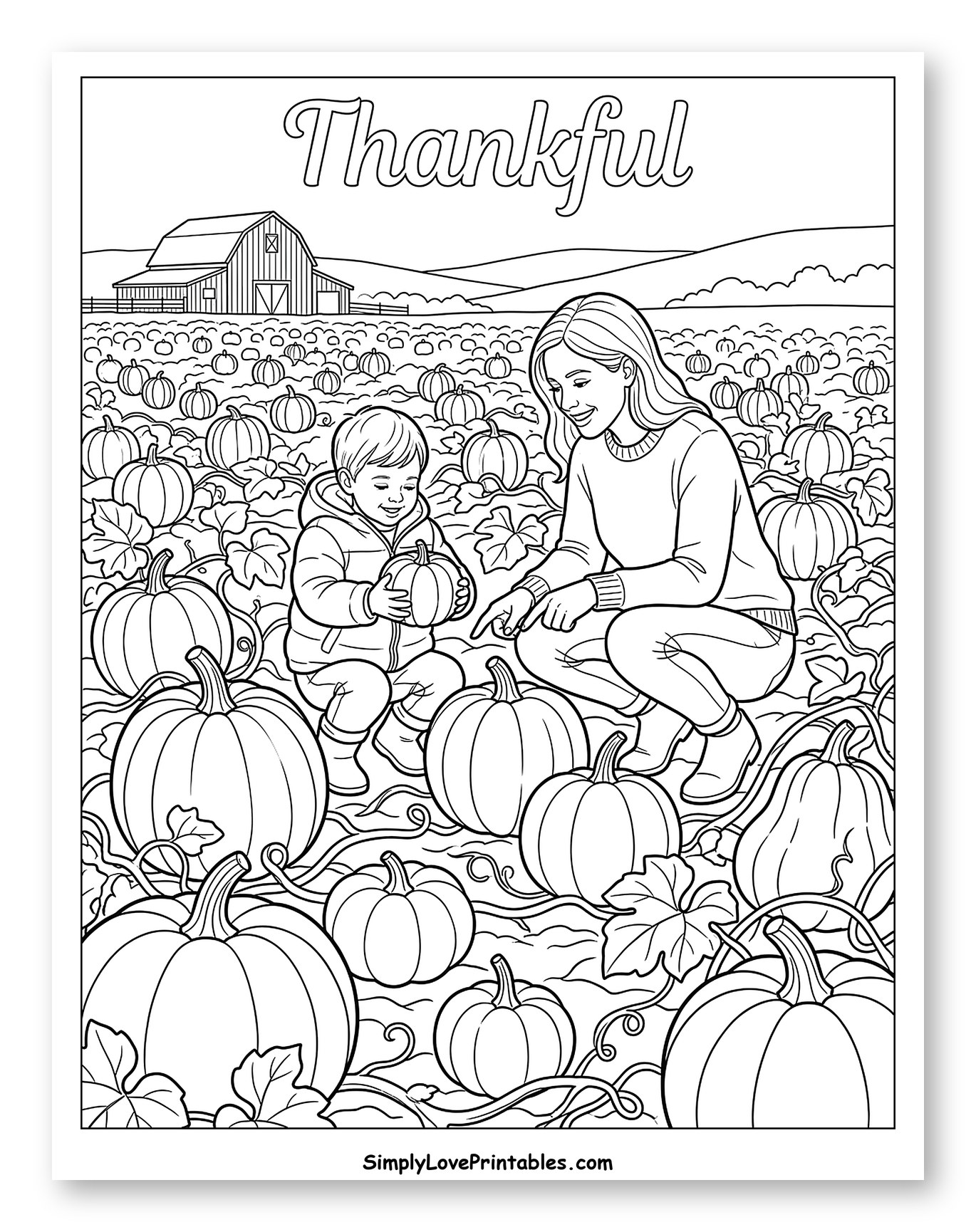 Mother and Child in an Autumn Pumpkin Patch Coloring Page