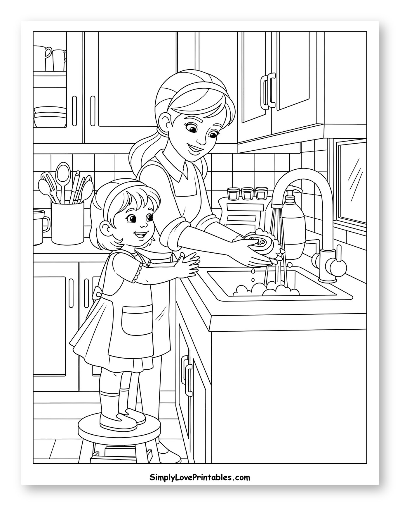 Mother and Daughter Washing Dishes in Kitchen Coloring Page for Kids