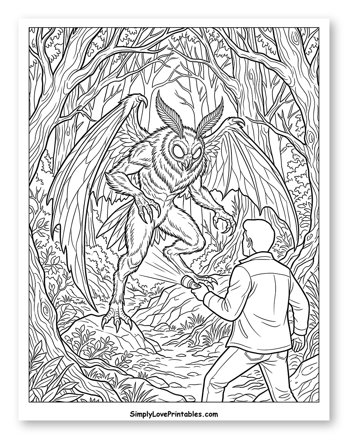 Mothman Confronts Man in Spooky Woods to Color