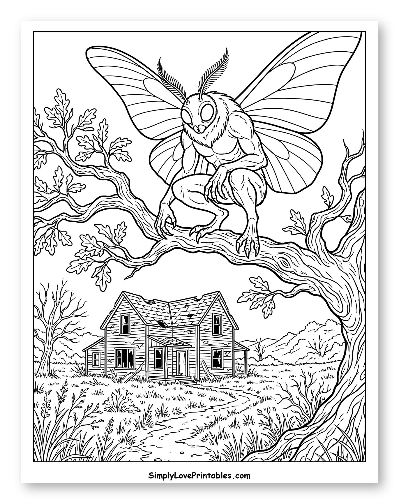Mothman Perched Above an Abandoned House