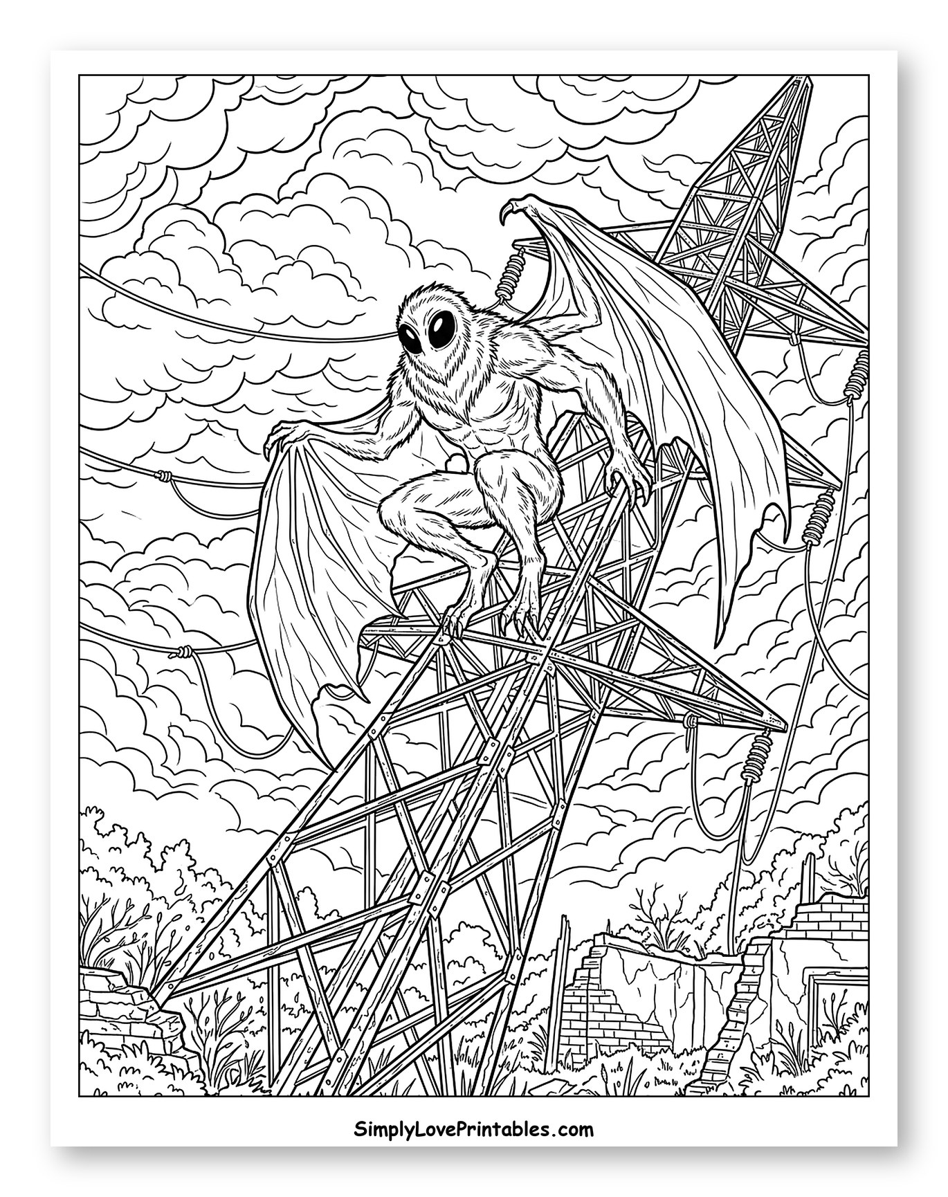 Mothman Perched on Broken Power Pylon to Color