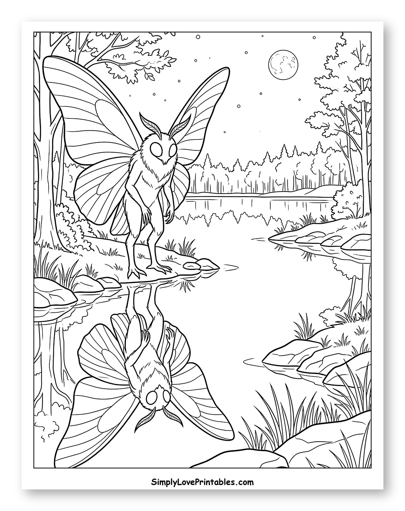 Mothman Staring at Reflection in Moonlit Lake
