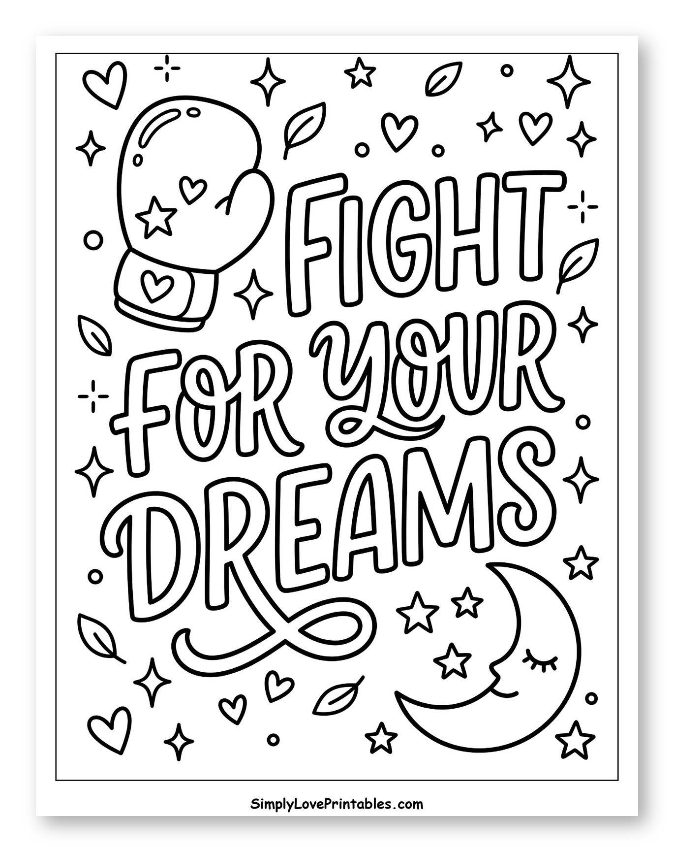 Motivational Quote with Boxing Glove and Moon Coloring Sheet for Adults