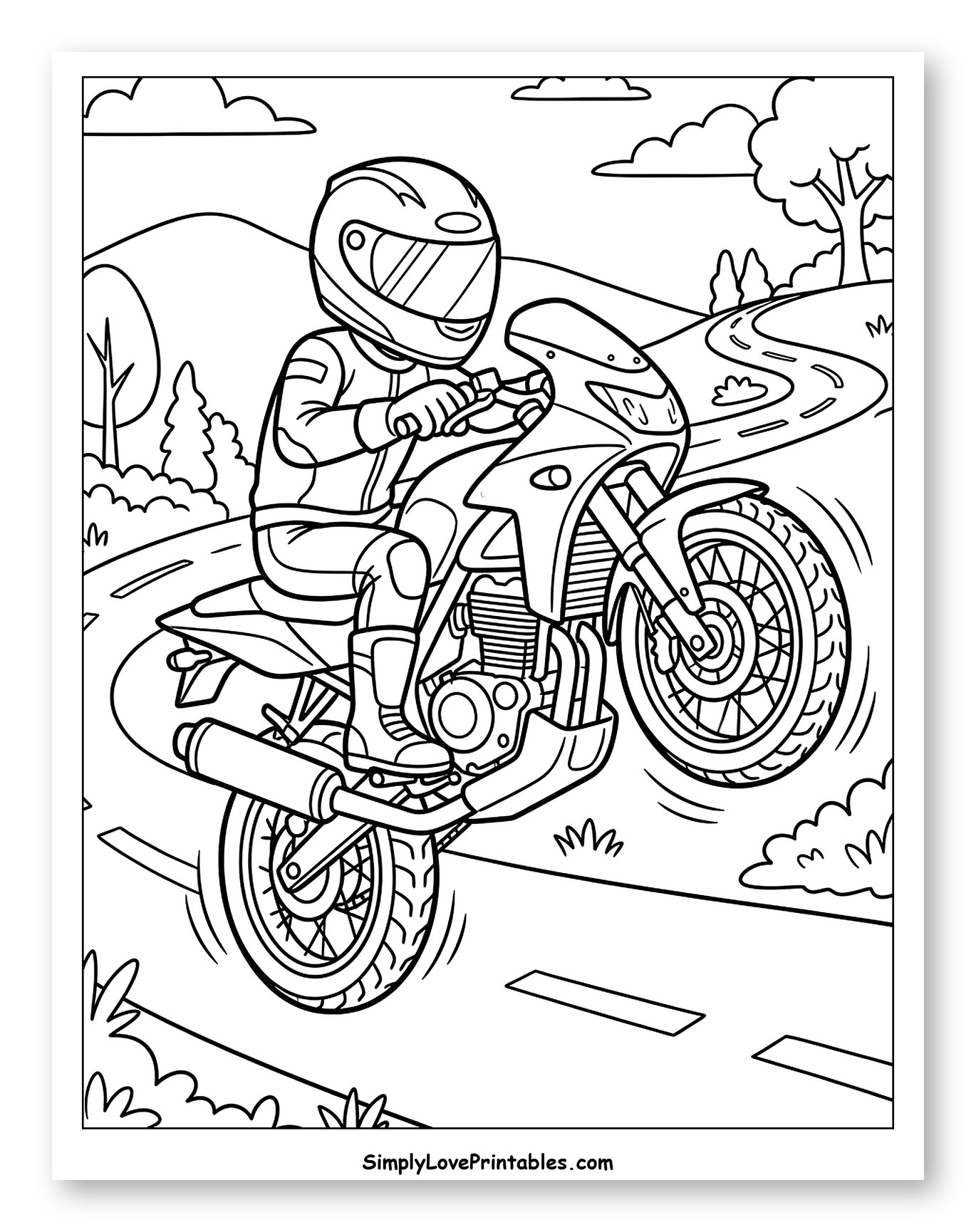 Motorcyclist Doing a Wheelie on a Winding Road